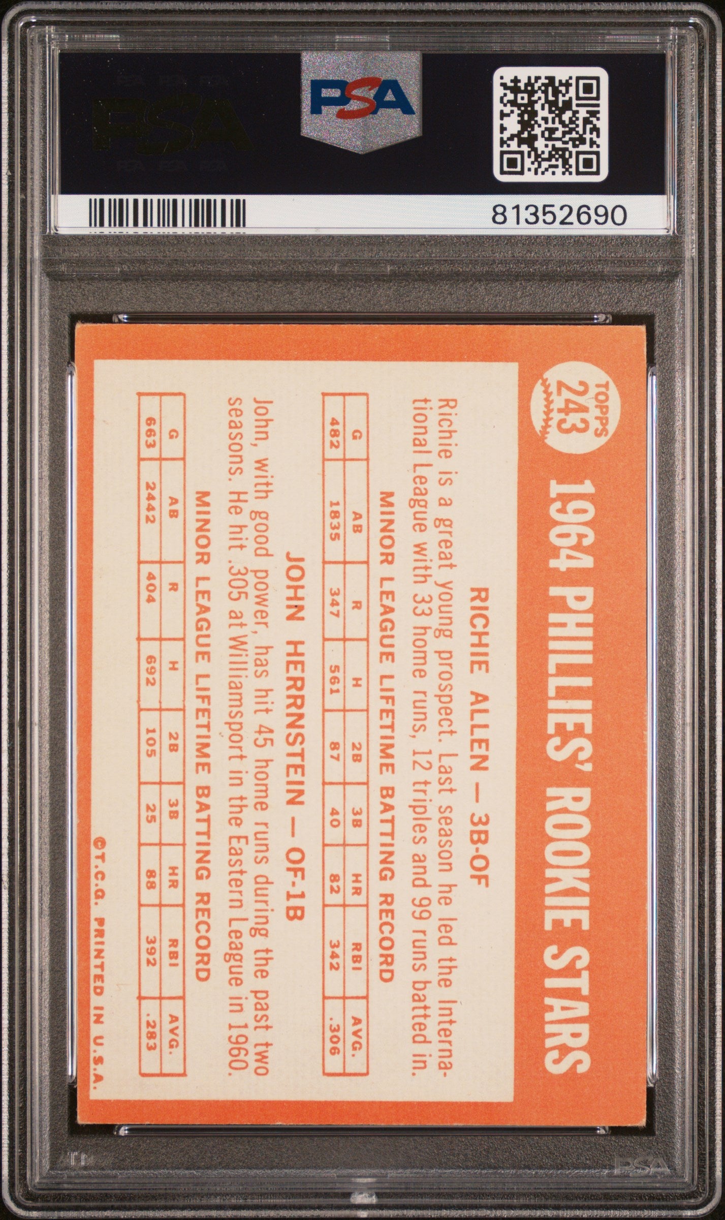 1964 Topps Phillies Rookies #243 Phillies Rookies PSA 4 Auto 10