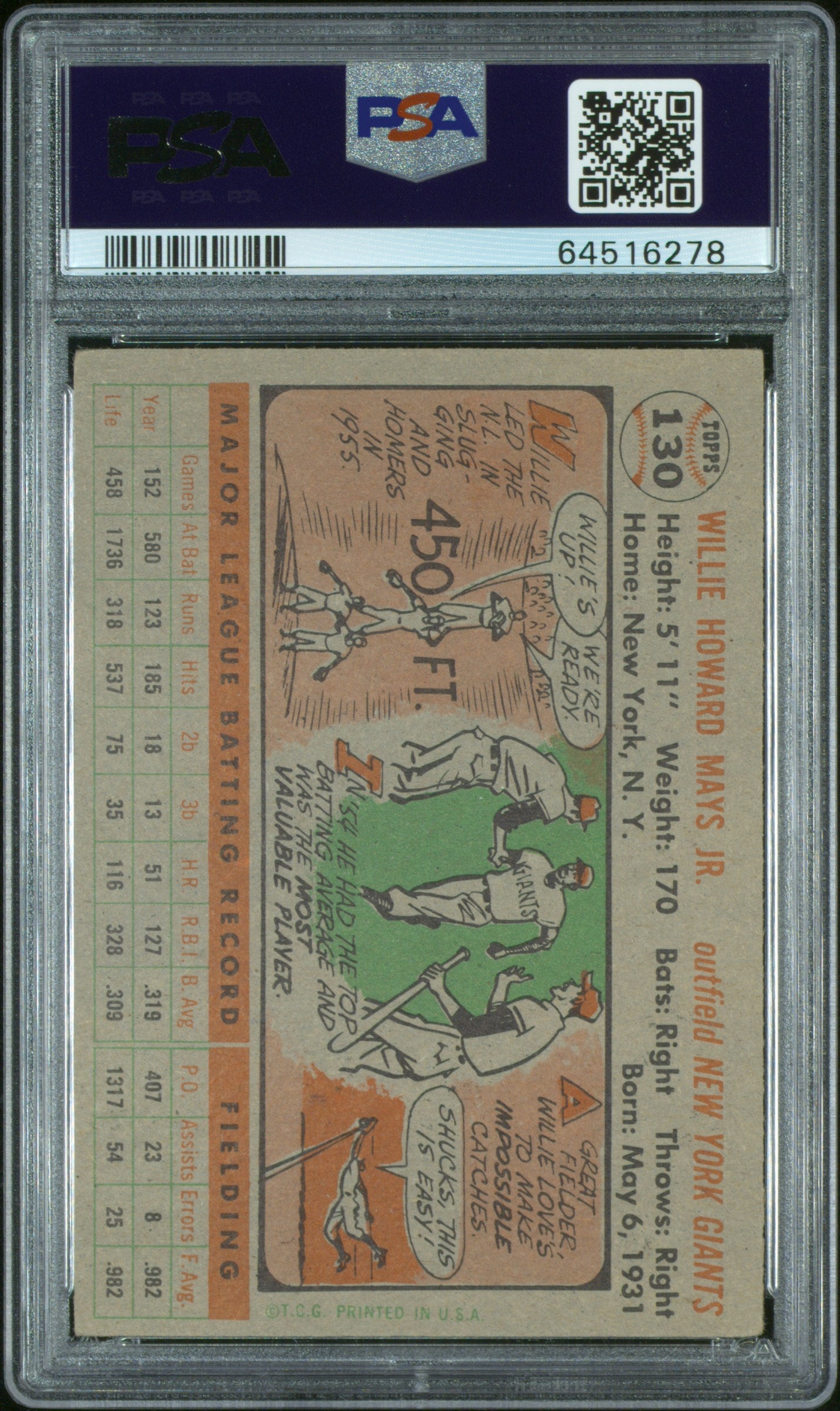 1956 Topps Willie Mays #130 Gray Back PSA 3