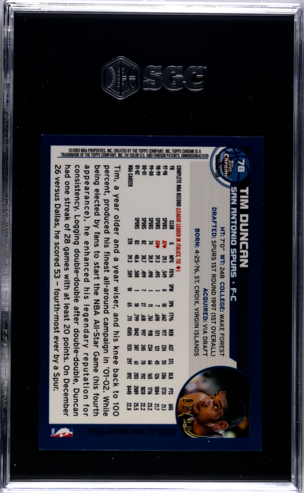 2002 Topps Chrome Tim Duncan #78 Black Border Refractor 99 SGC 9.5