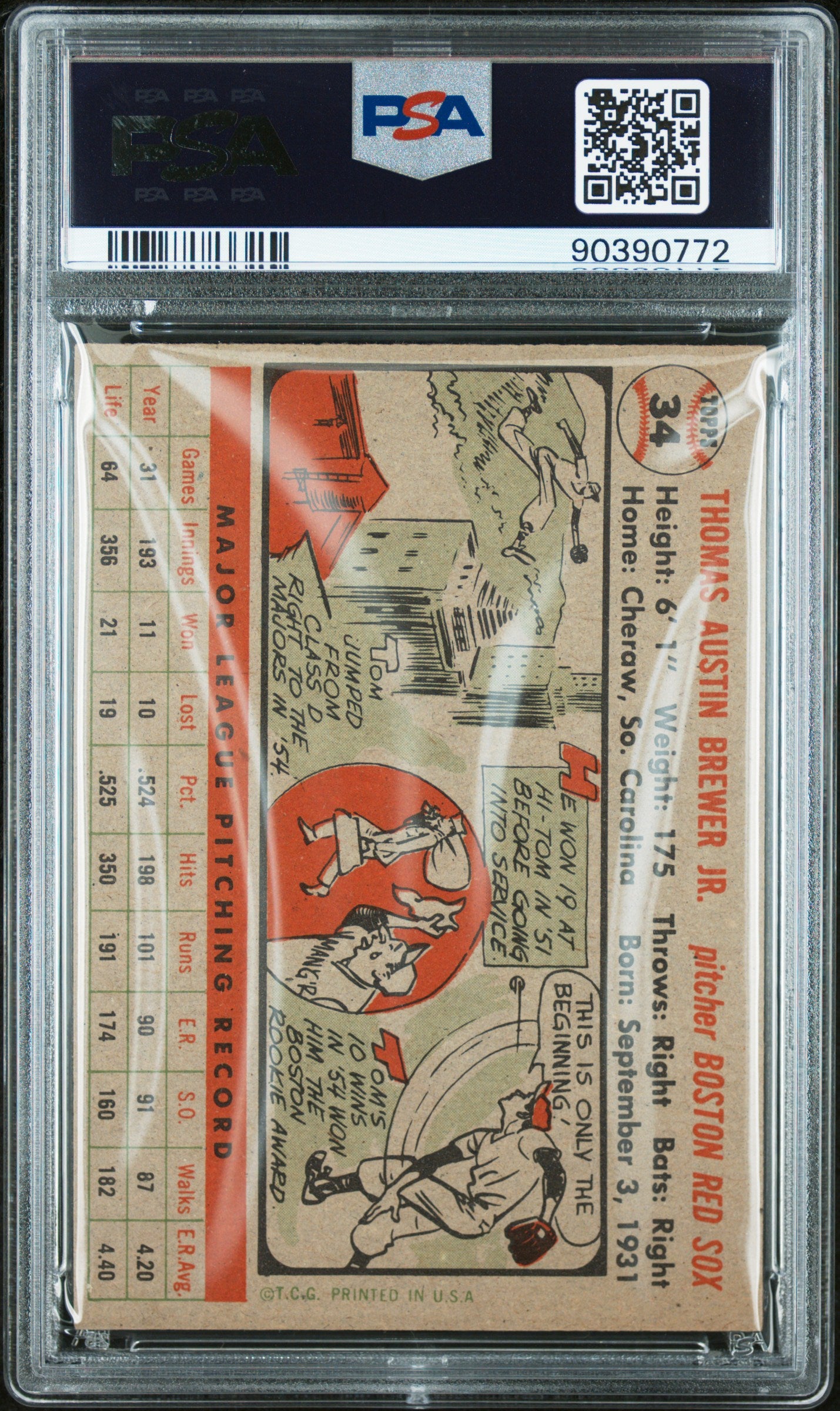 1956 Topps Tom Brewer #34 Gray Back PSA 7
