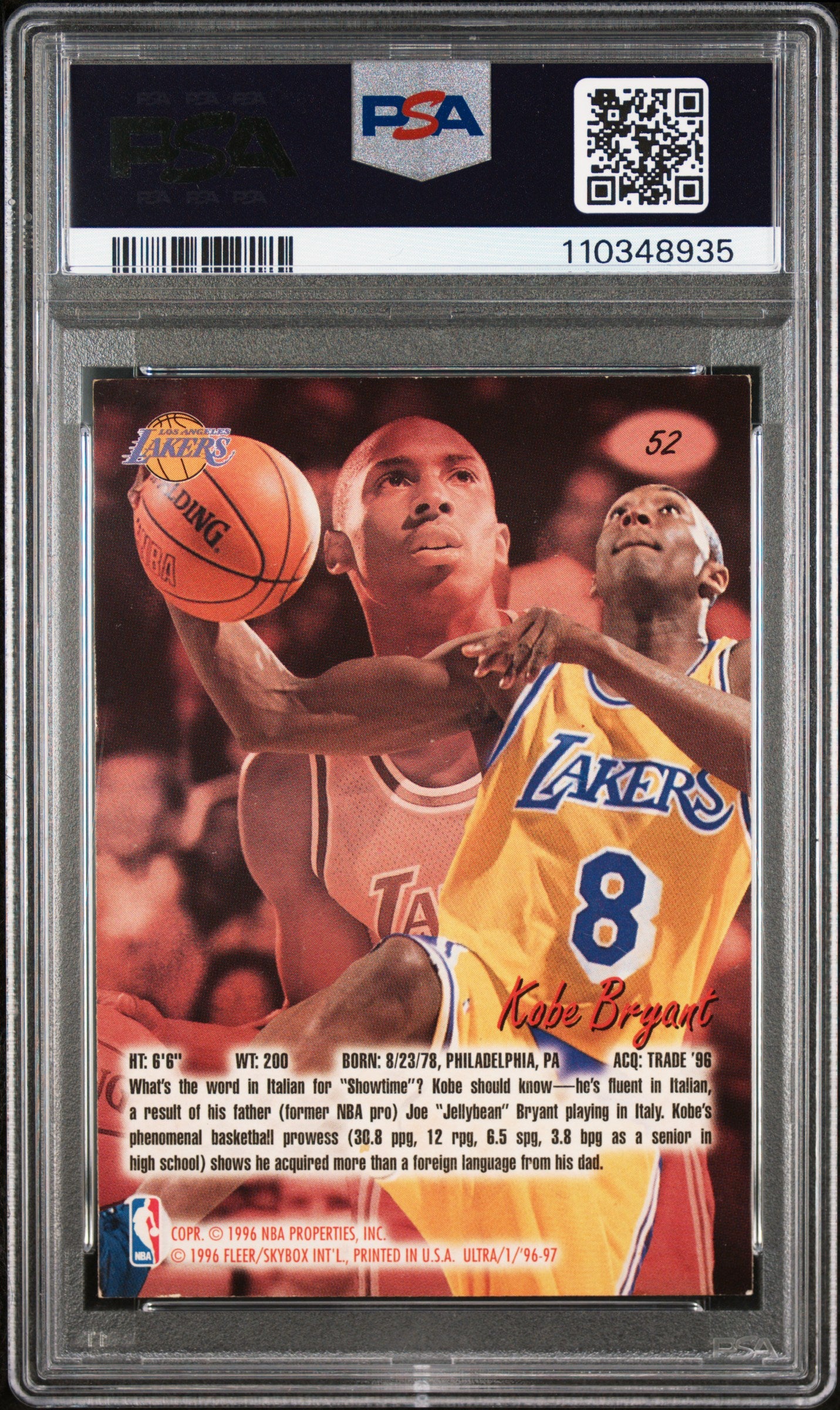 1996 Ultra Kobe Bryant #52 PSA/DNA 5 AUTO 8