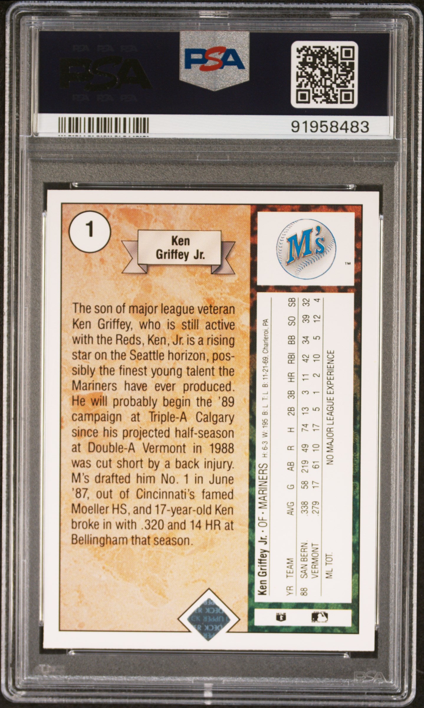 1989 Upper Deck Ken Griffey JR. #1 Star Rookie PSA 8