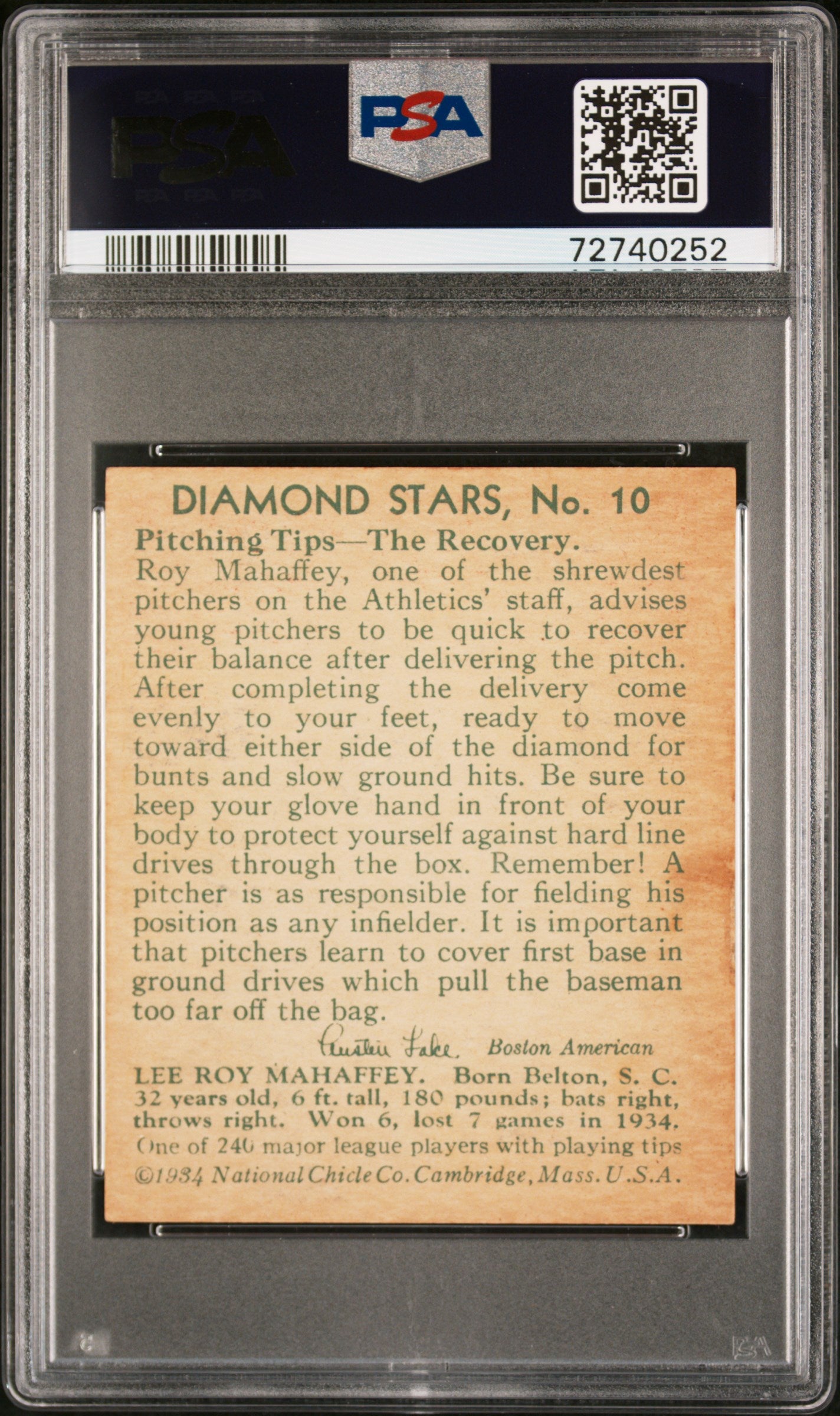 1935 Diamond Stars Roy Mahaffey #10 PSA 6
