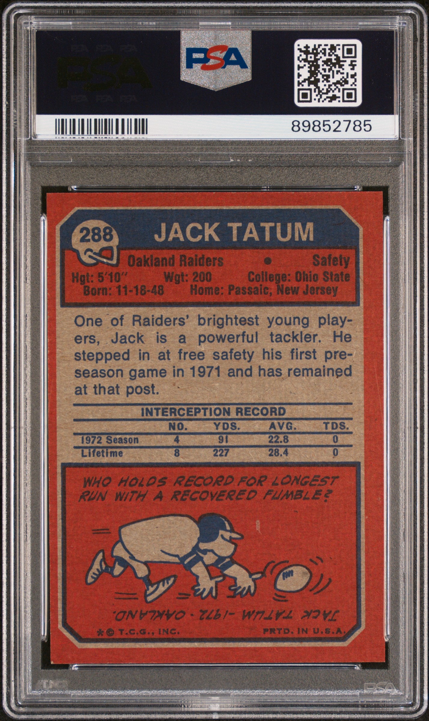 1973 Topps Jack Tatum #288 PSA 8