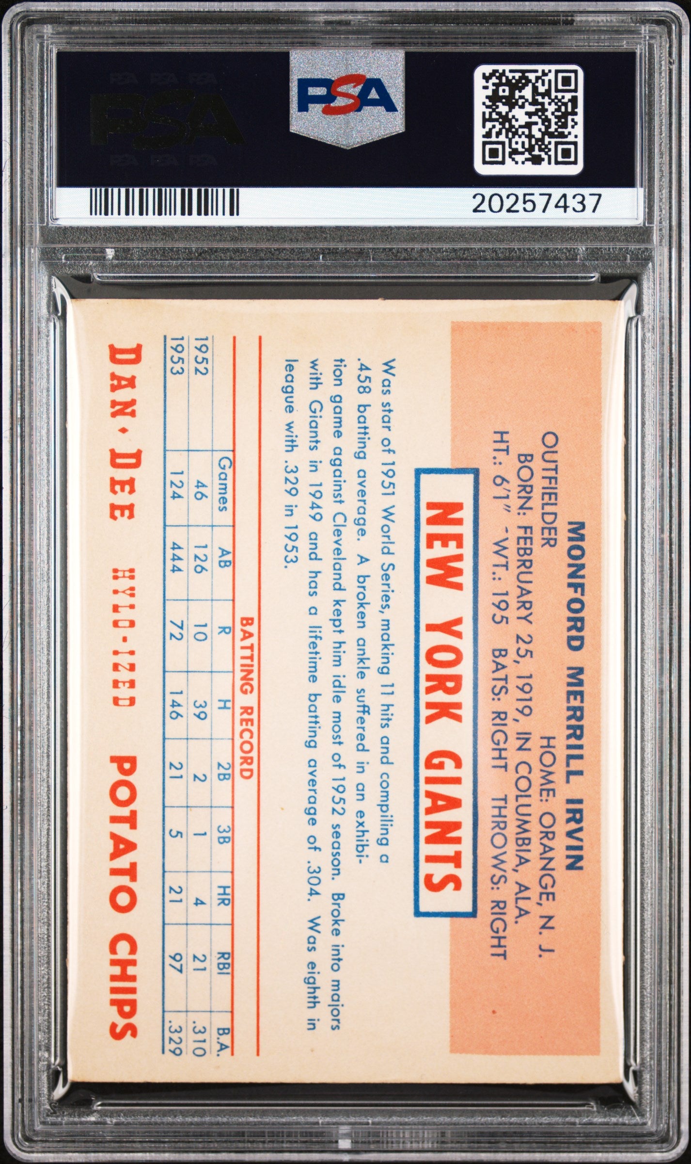 1954 Dan-Dee Potato Chips Monte Irvin PSA 7