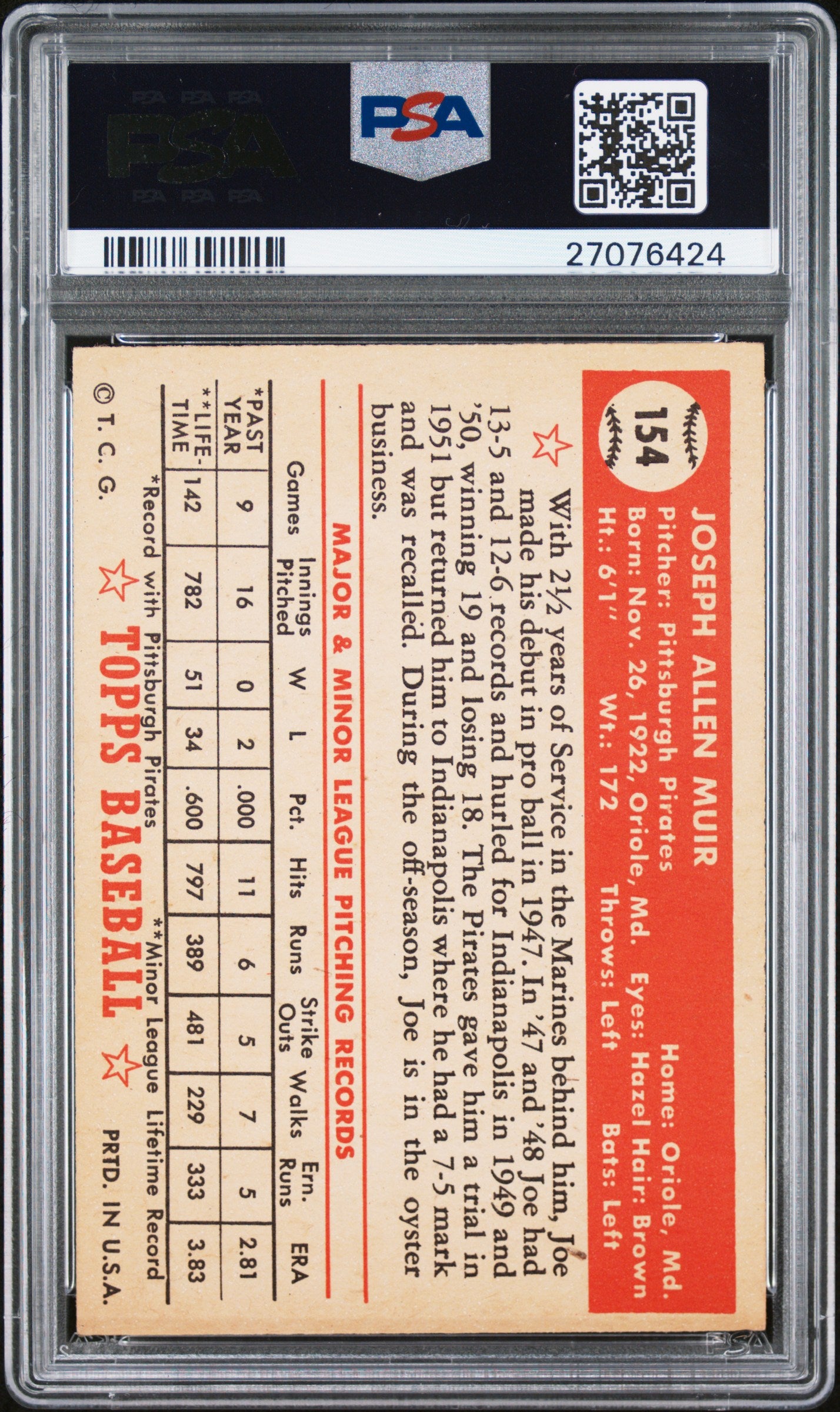 1952 Topps Joe Muir #154 PSA 7
