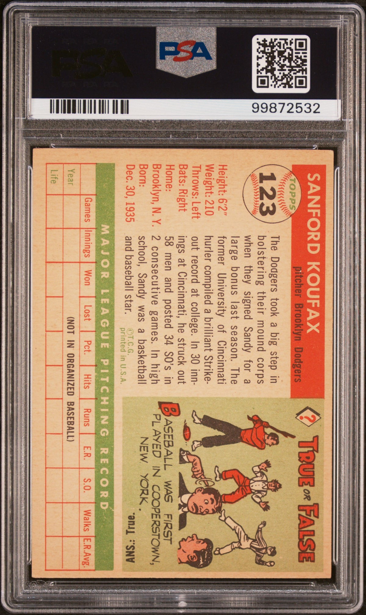 1955 Topps Sandy Koufax #123 PSA 3