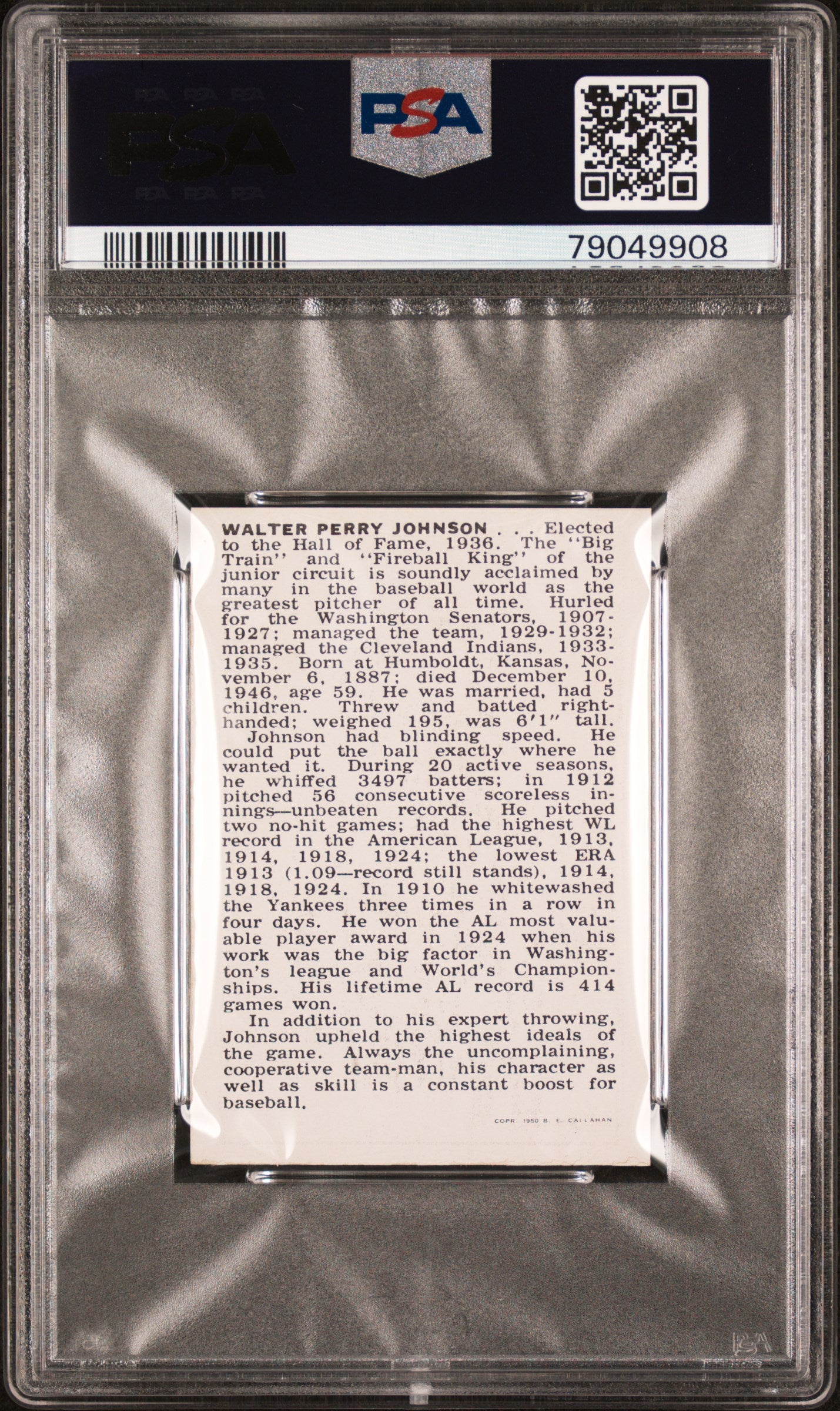 1950-56 Callahan Hall Of Fame Walter Johnson PSA 8