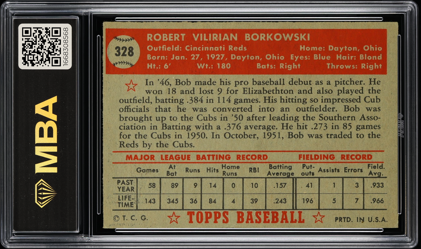 1952 Topps Bob Borkowski #328 MBA 3