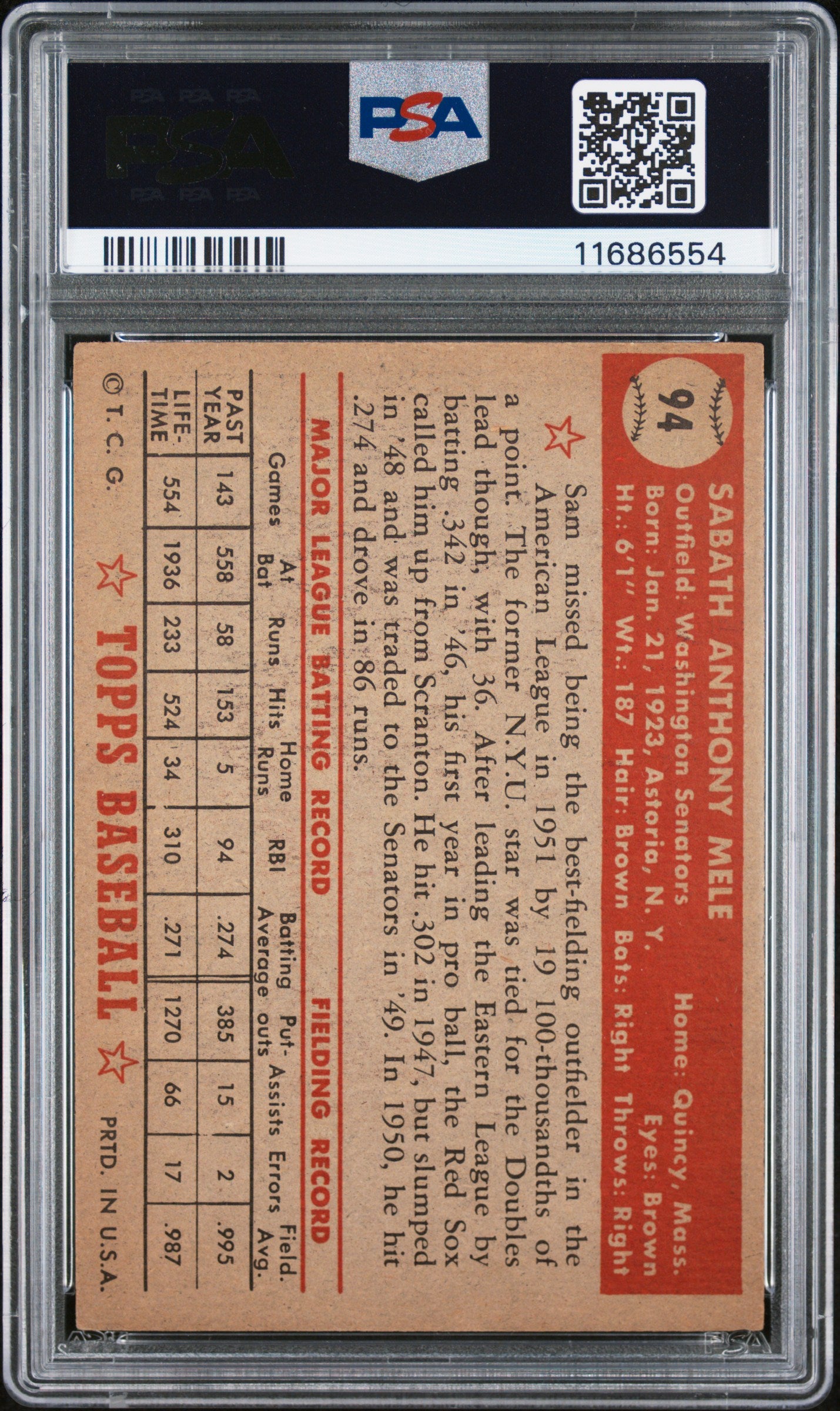 1952 Topps Sam Mele #94 PSA 7