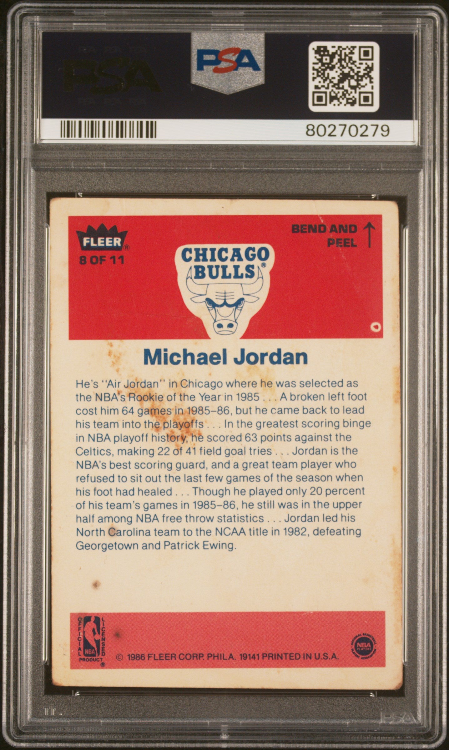 1986 Fleer Sticker Michael Jordan #8 PSA 2