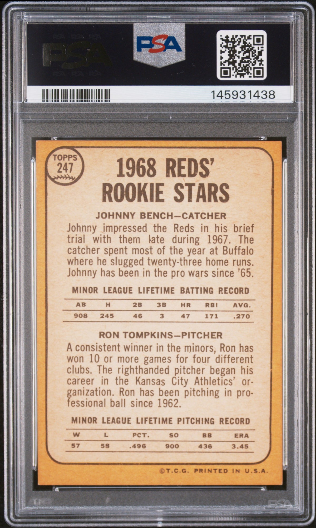 1968 Topps Reds Rookies #247 J. Bench R. Tompkins PSA 6