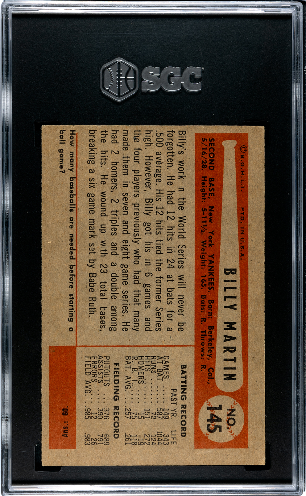 1954 Bowman Billy Martin #145. 985. 983 Field Avg. SGC 5