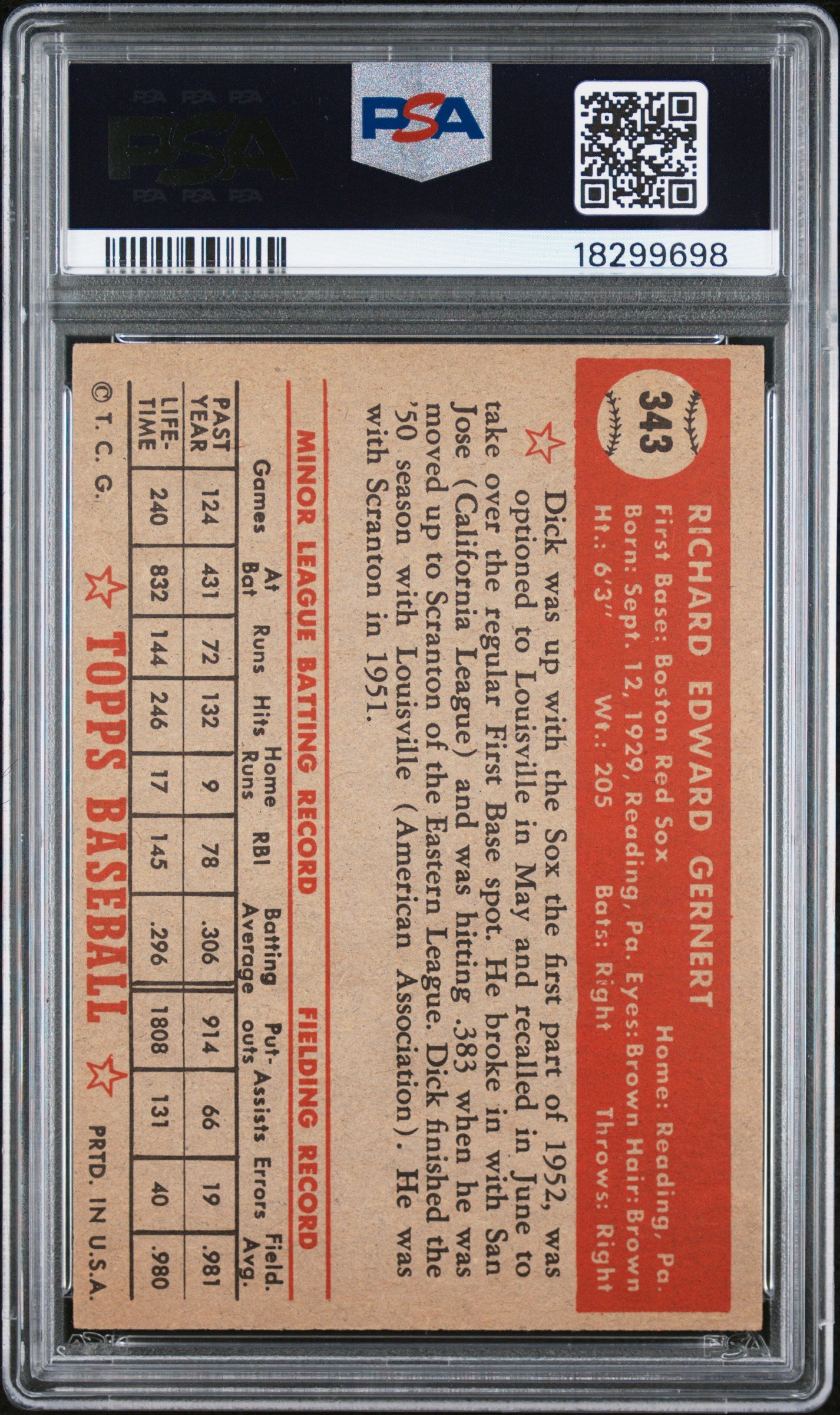 1952 Topps Dick Gernert #343 PSA 7