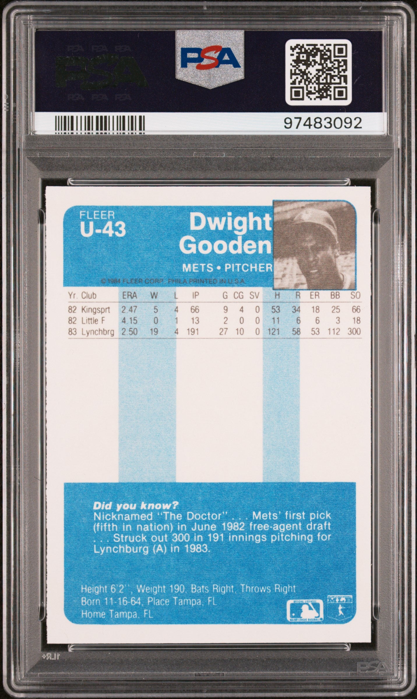 1984 Fleer Update Dwight Gooden #U-43 PSA 9