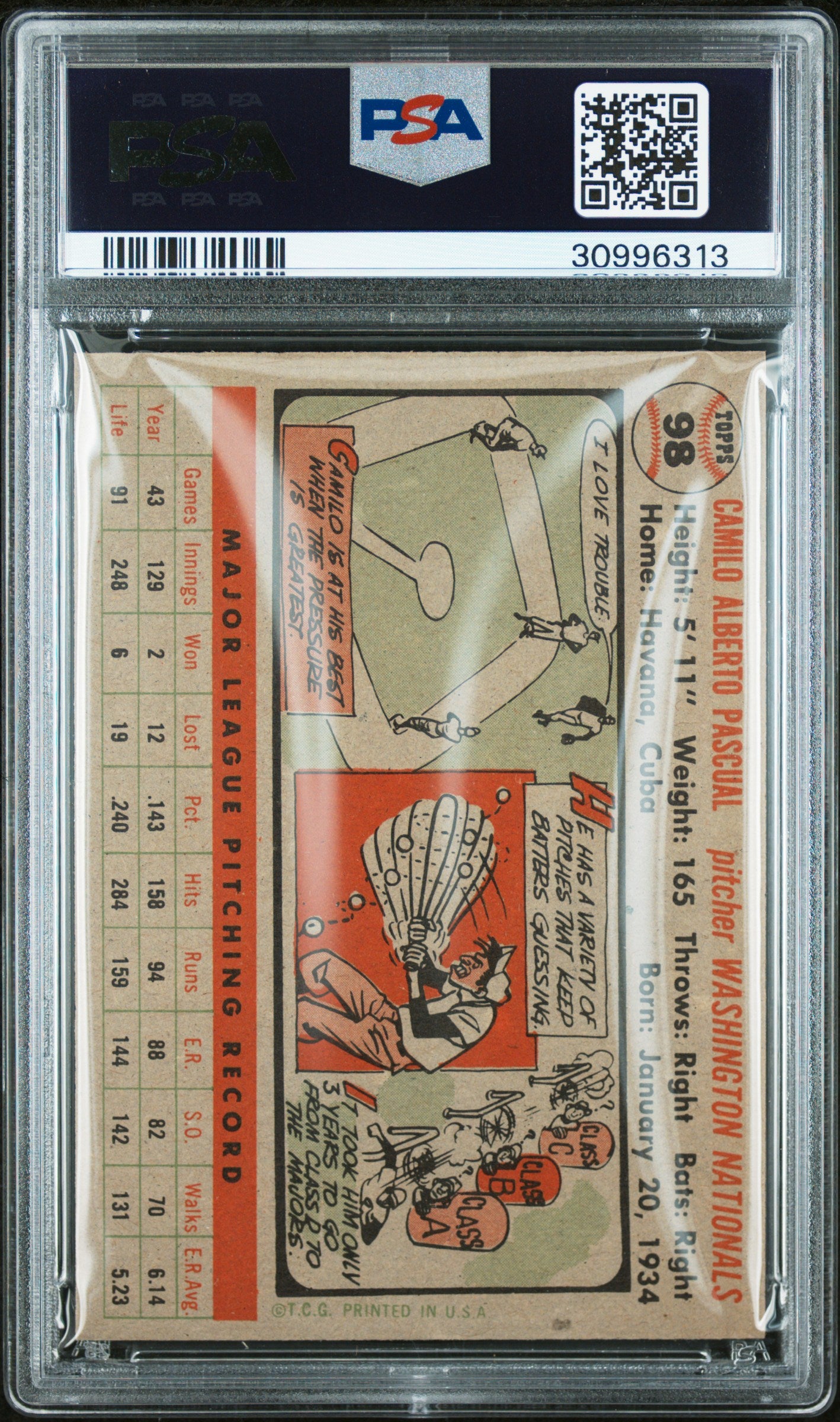 1956 Topps Camilo Pascual #98 Gray Back PSA 7