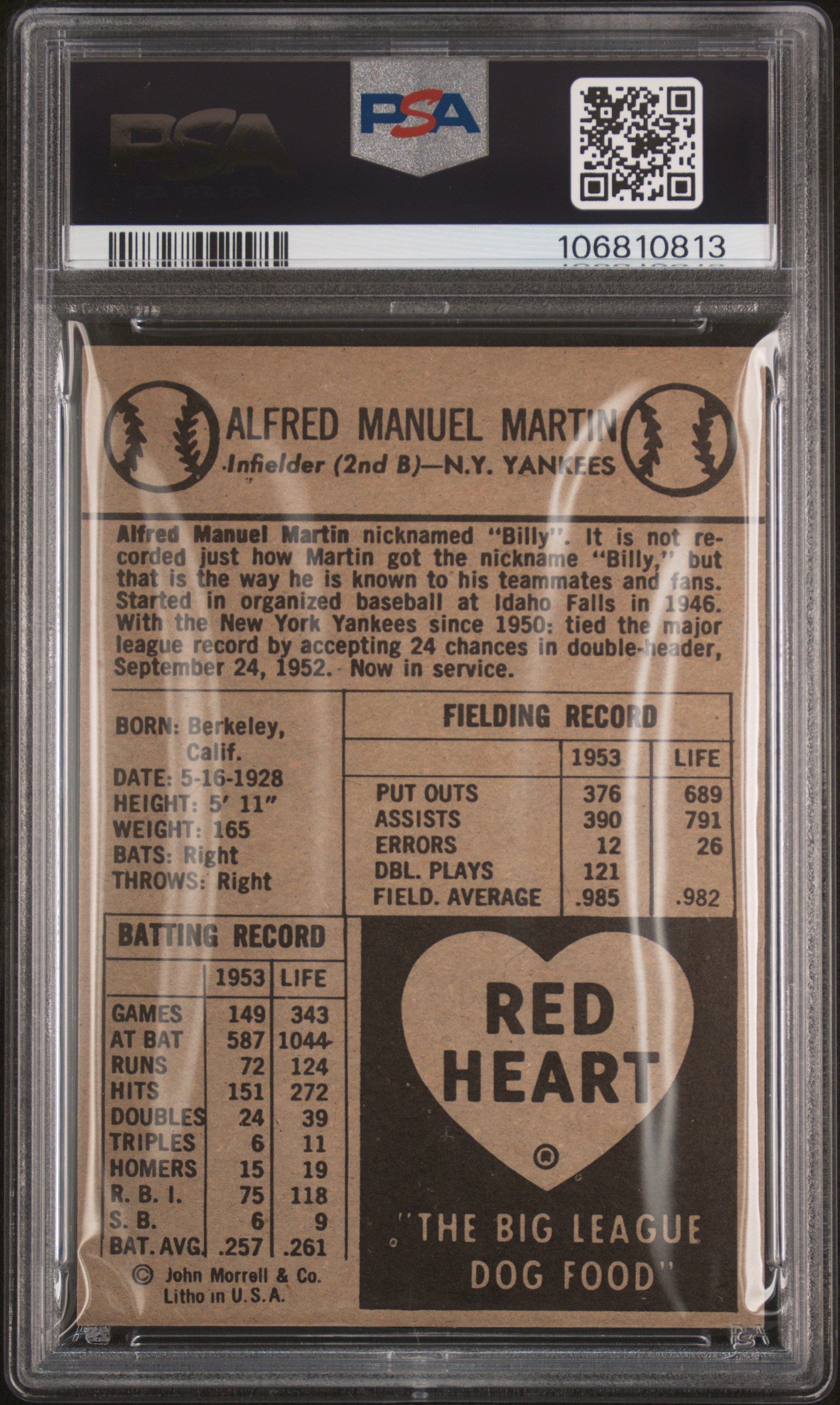 1954 Red Heart Billy Martin PSA 8