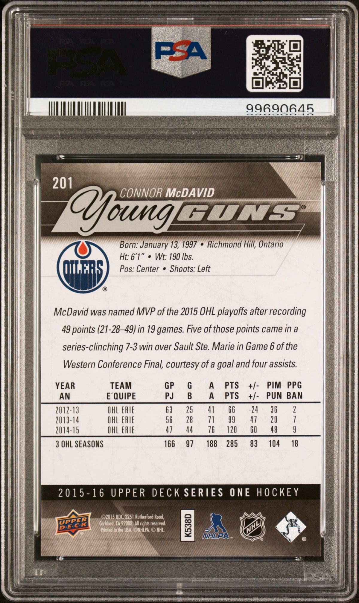 2015 Upper Deck Connor McDavid #201 PSA 10