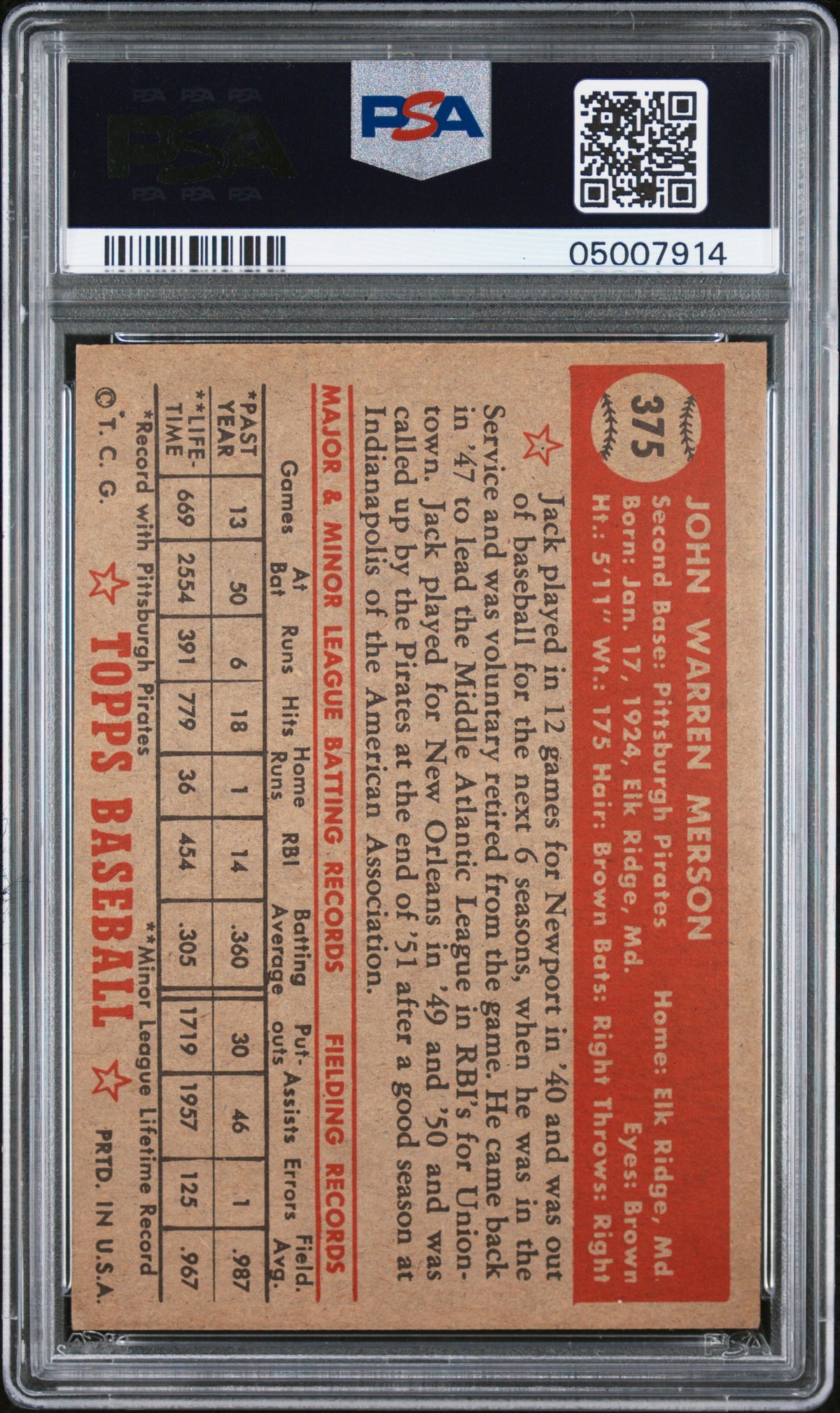 1952 Topps Jack Merson #375 PSA 7