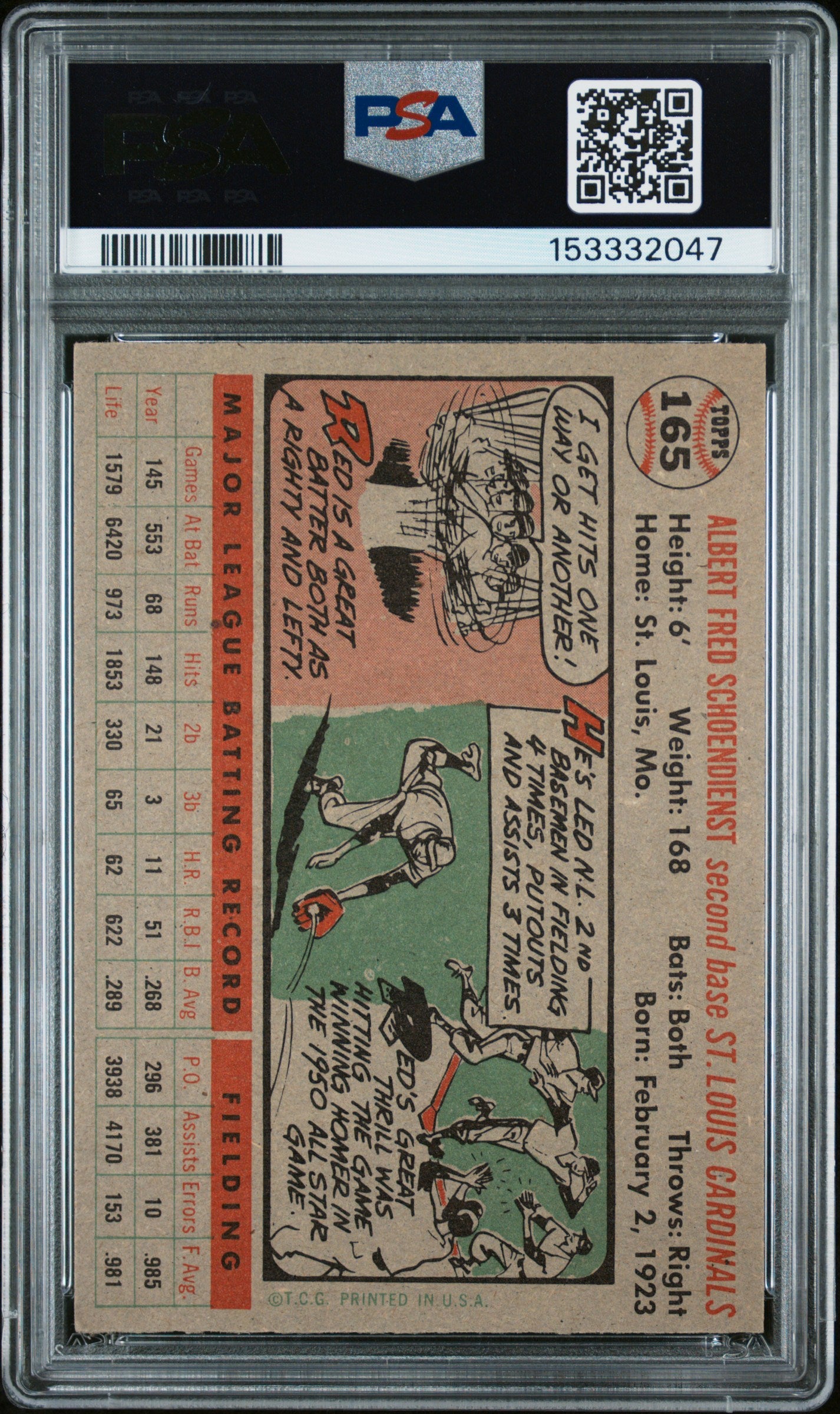 1956 Topps Red Schoendienst #165 Gray Back PSA 5