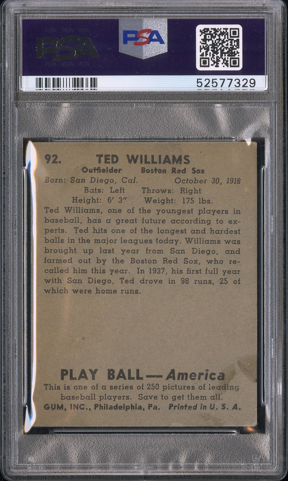 1939 Play Ball Ted Williams #92 PSA 4