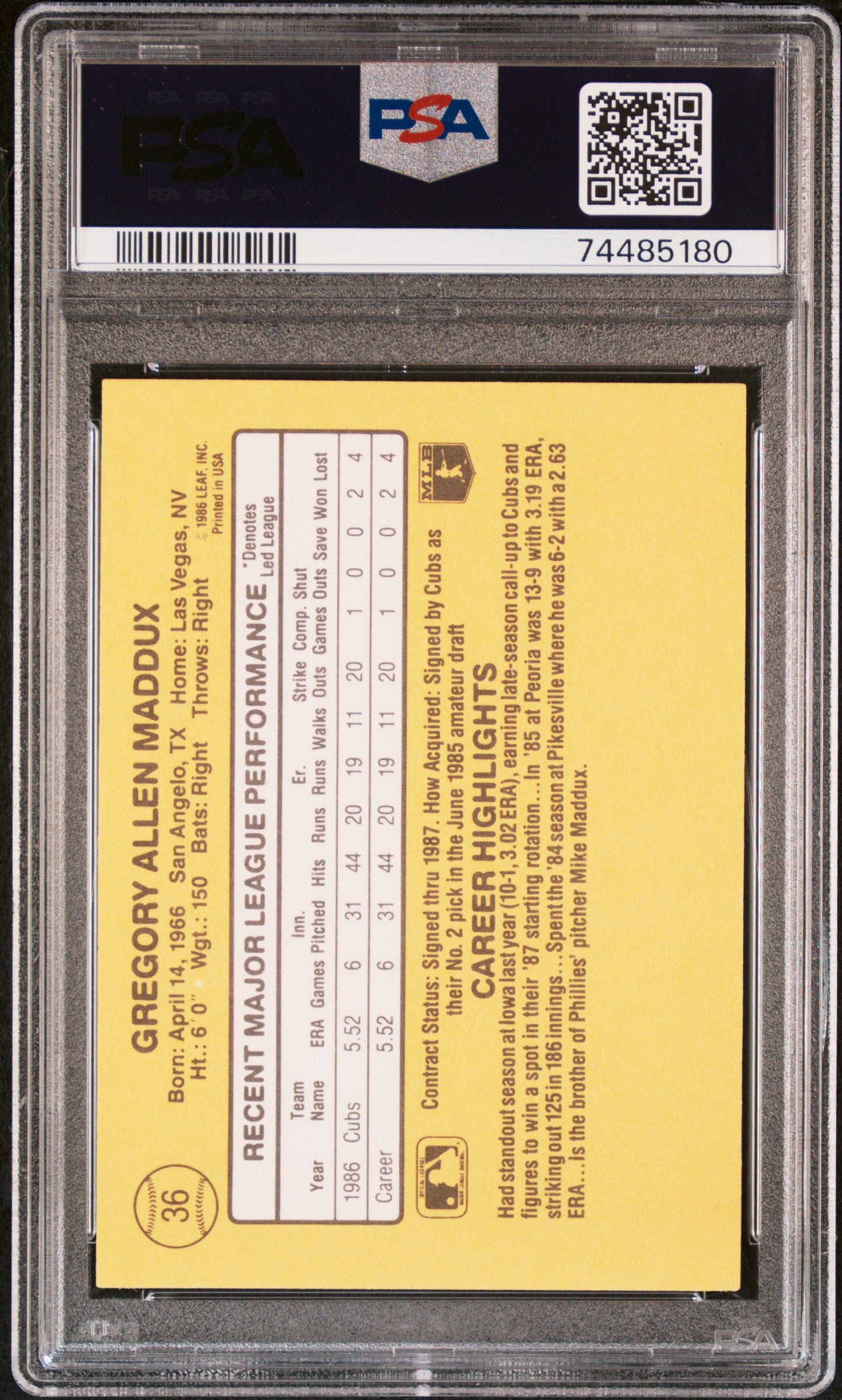 1987 Donruss Greg Maddux #36 PSA 10 Auto 9