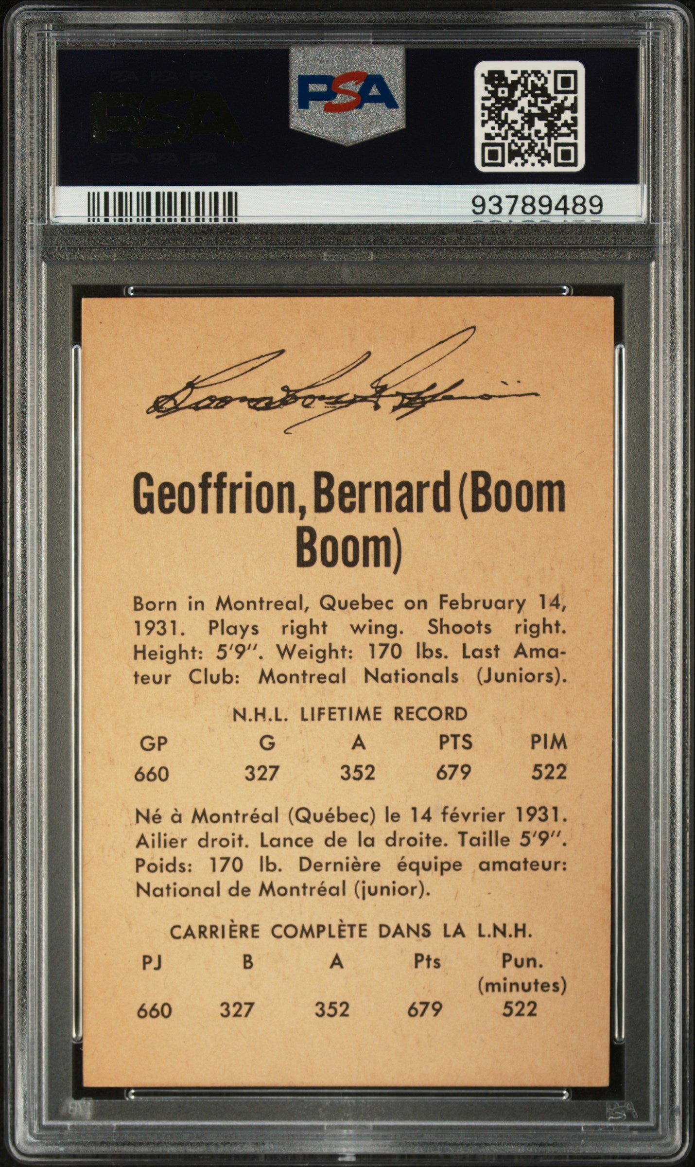 1962 Parkhurst Bernie Geoffrion #53 PSA 7