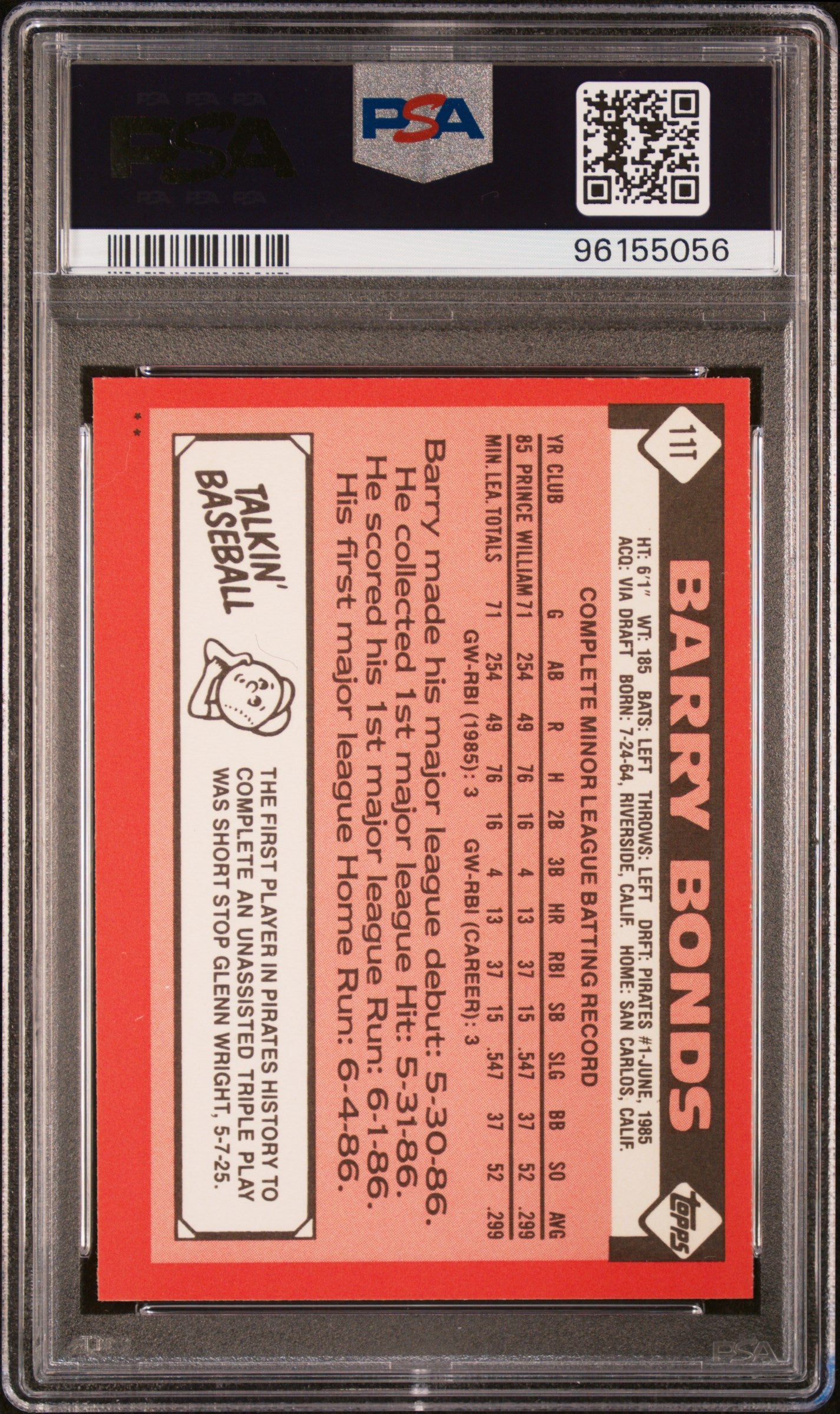 1986 Topps Traded Barry Bonds #11T PSA 9