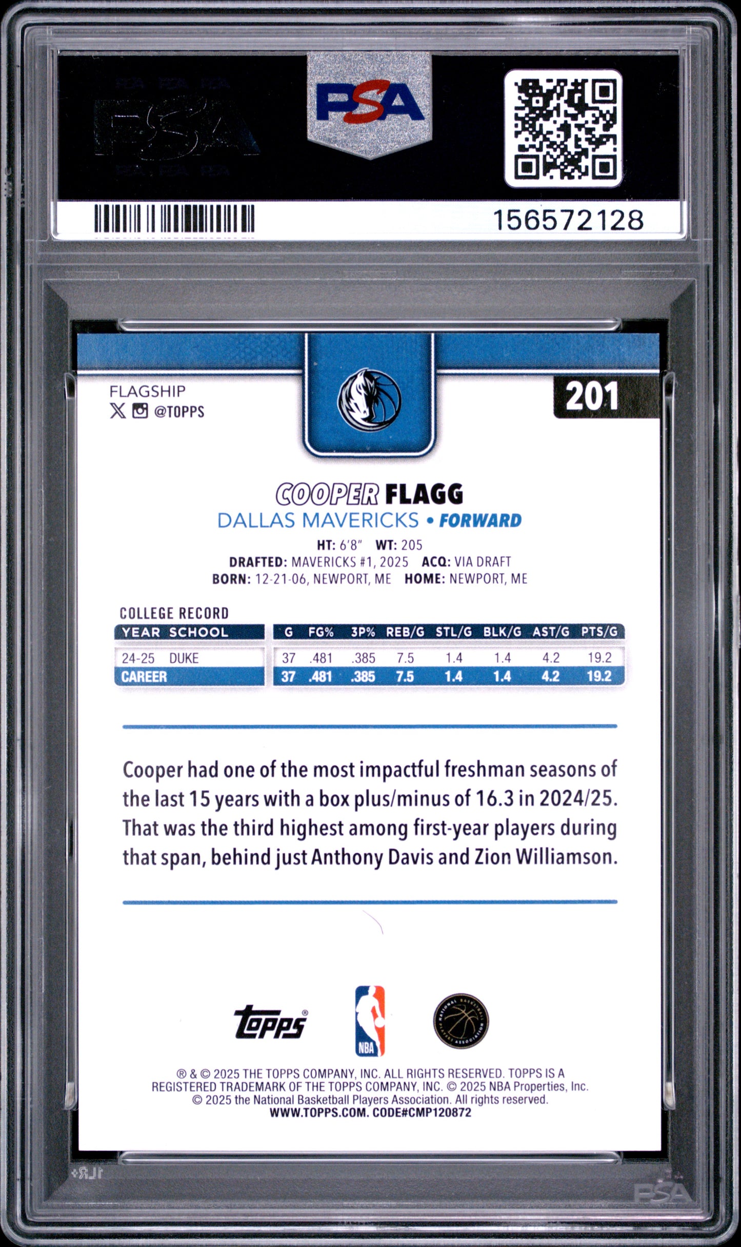 2025 Topps Cooper Flagg #201 Green Holo Foil PSA 9 58/99