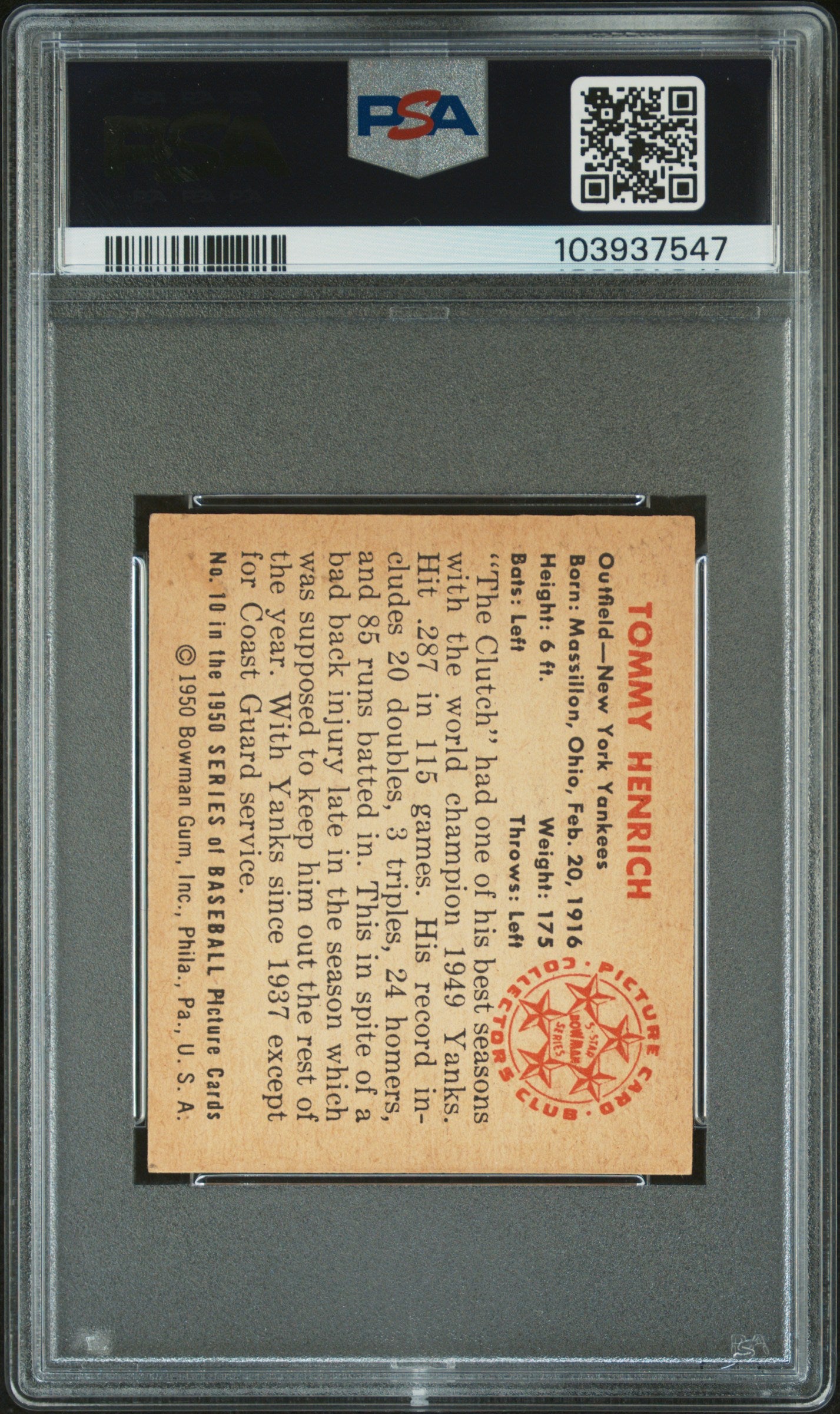 1950 Bowman Tommy Henrich #10 PSA 5
