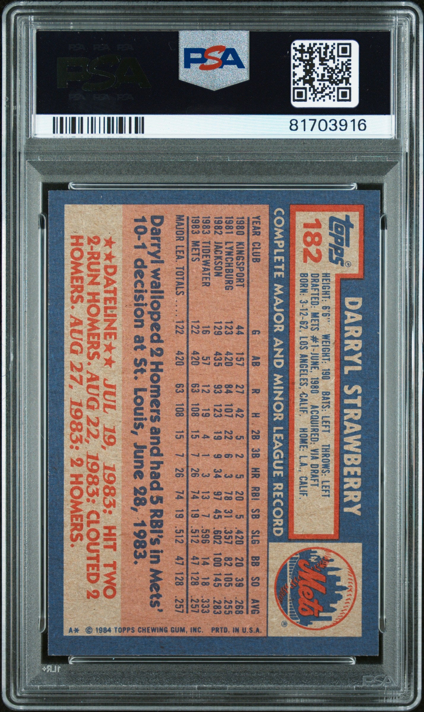 1984 Topps Darryl Strawberry #182 PSA 10