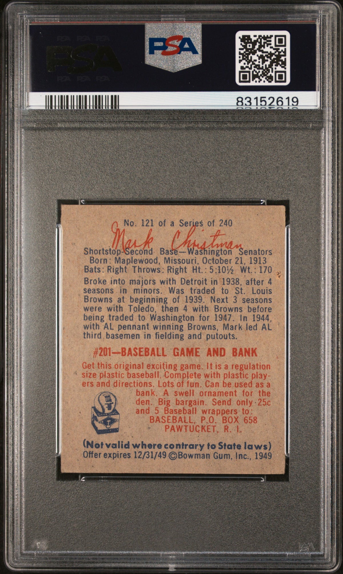 1949 Bowman Mark Christman #121 PSA 7