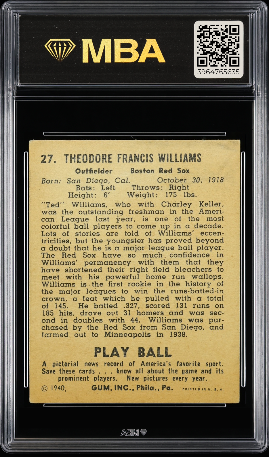 1940 Play Ball Ted Williams #27 MBA 3