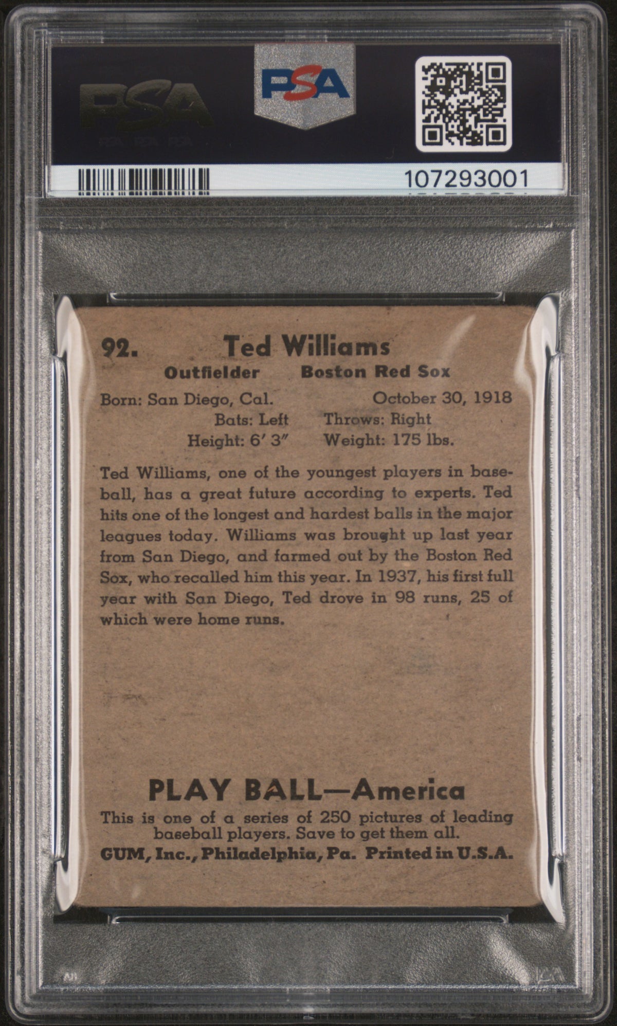 1939 Play Ball Ted Williams #92 PSA 1