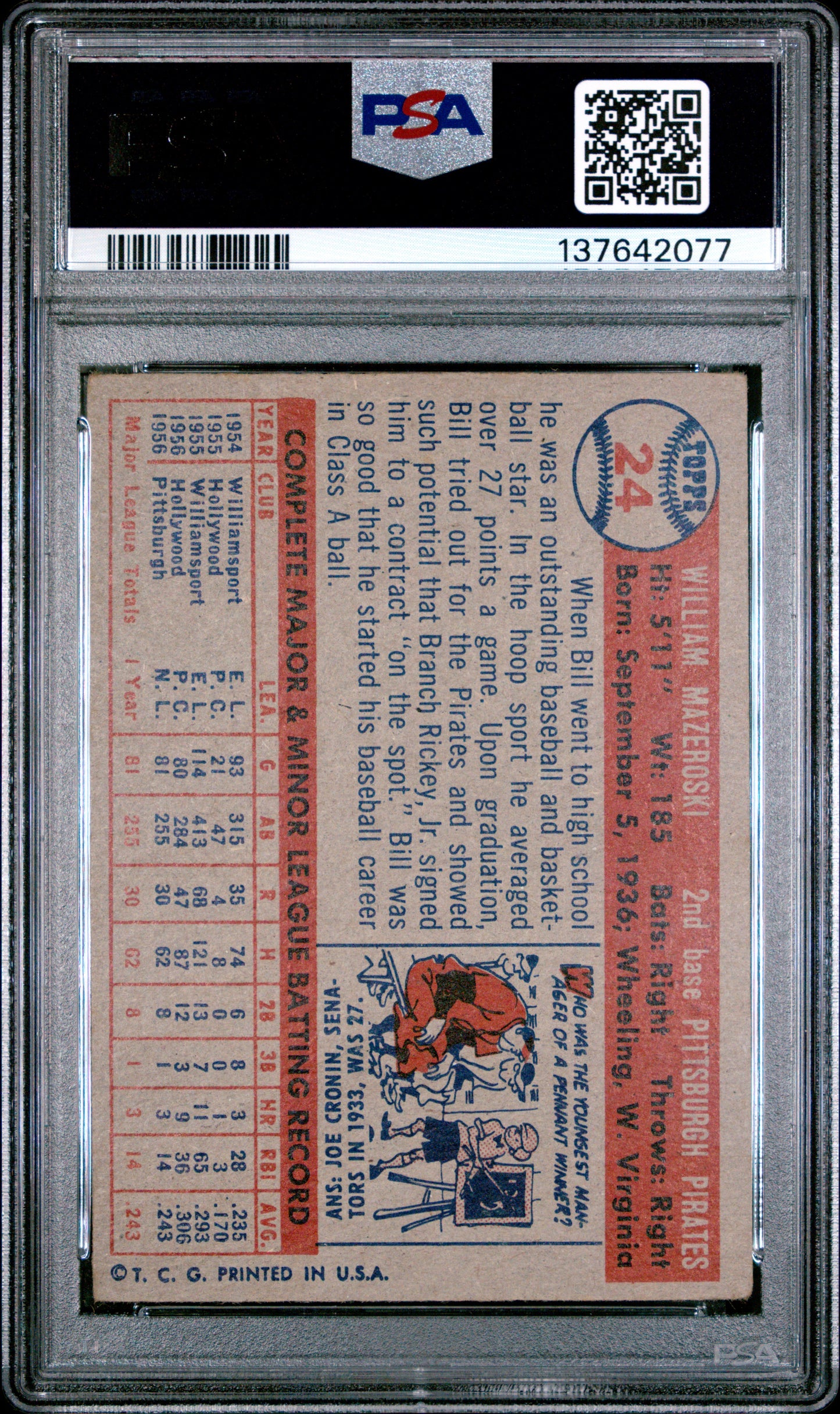 1957 Topps Bill Mazeroski #24 PSA 3