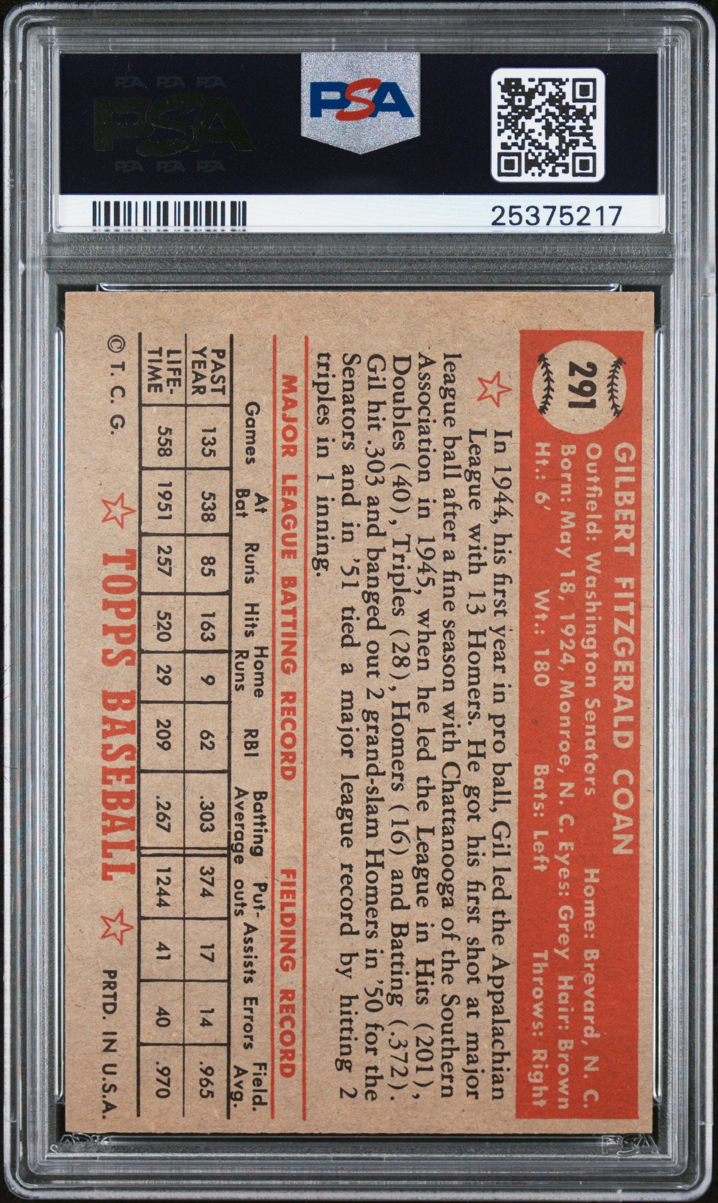 1952 Topps Gil Coan #291 PSA 7