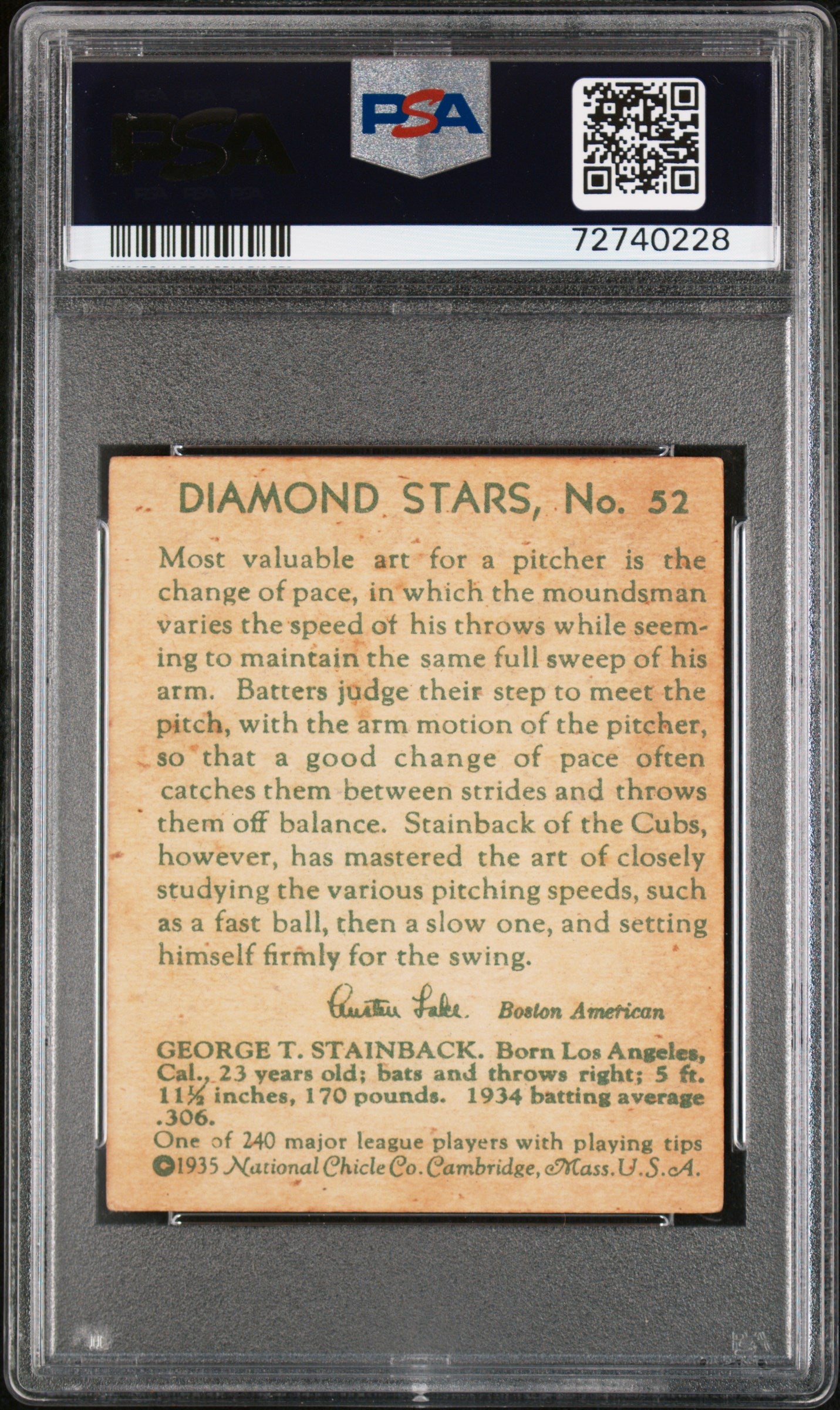 1935 Diamond Stars George Stainback #52 PSA 4