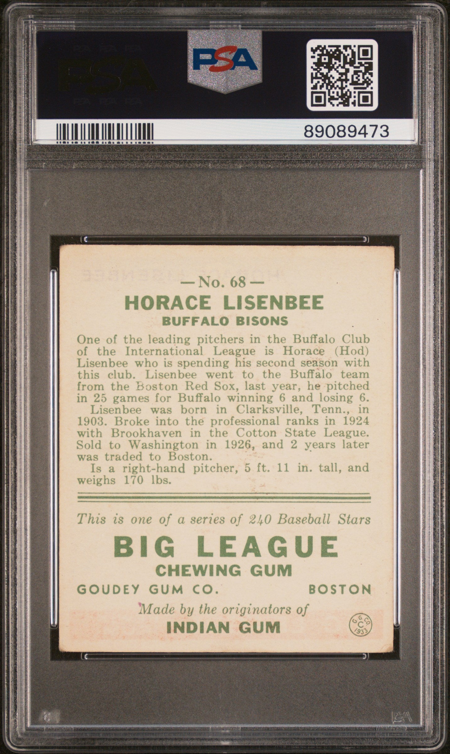 1933 Goudey Horace Lisenbee #68 PSA 3