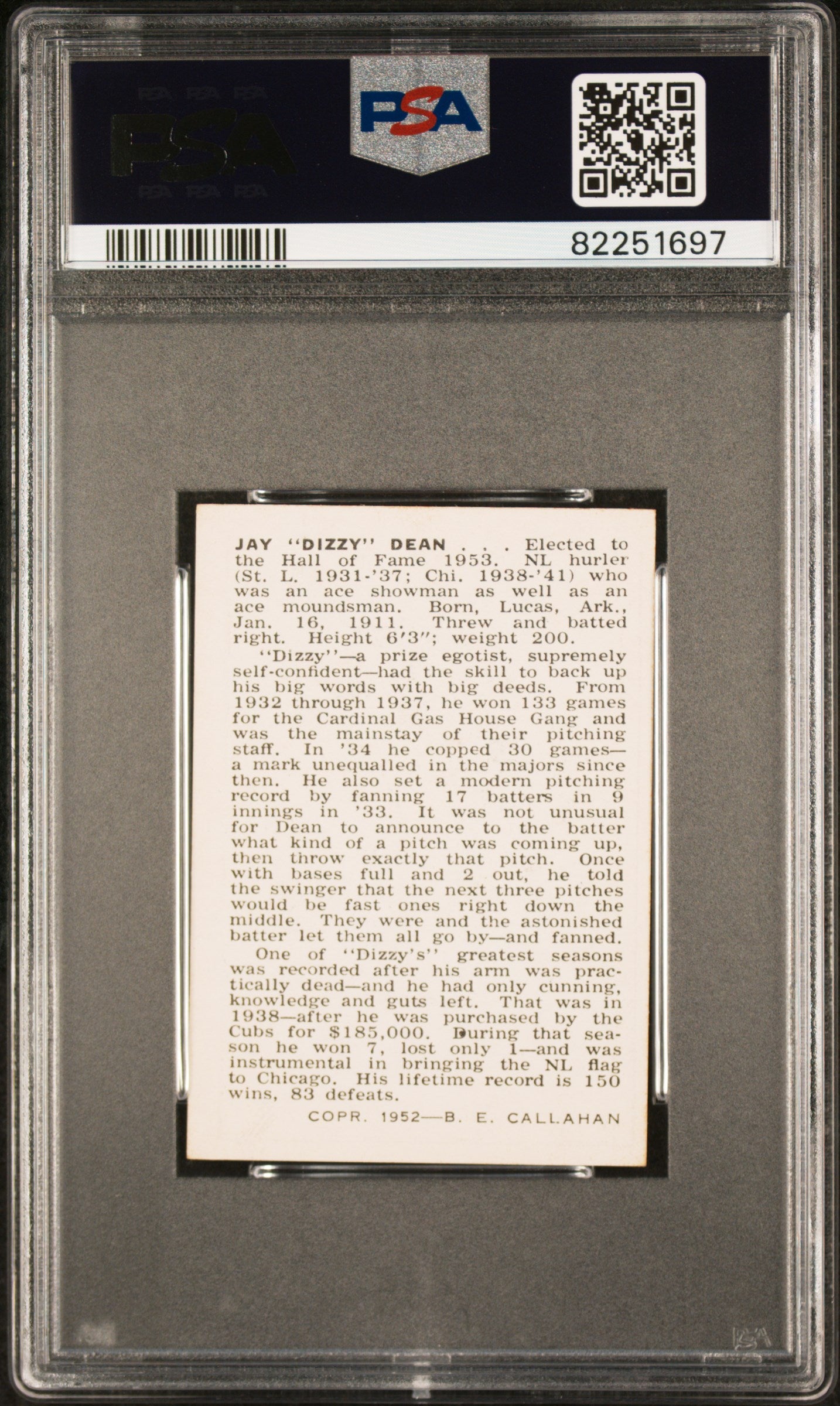 1950-56 Callahan Hall Of Fame Dizzy Dean PSA 5