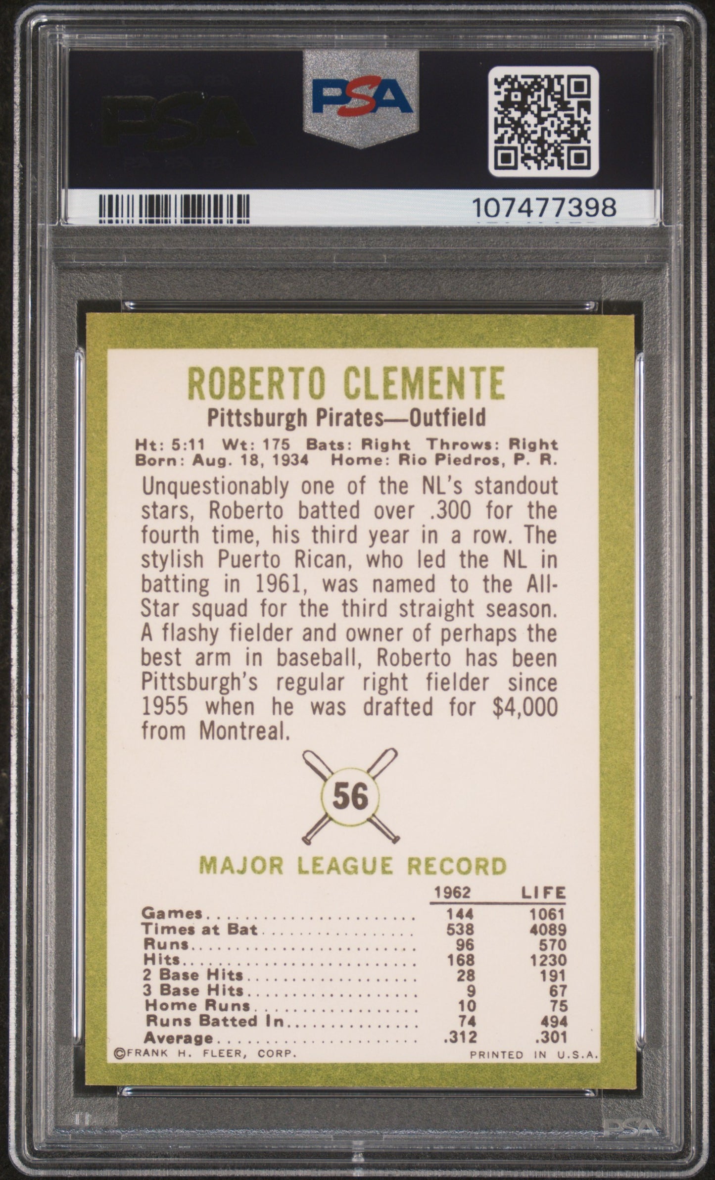 1963 Fleer Roberto Clemente #56 PSA 9