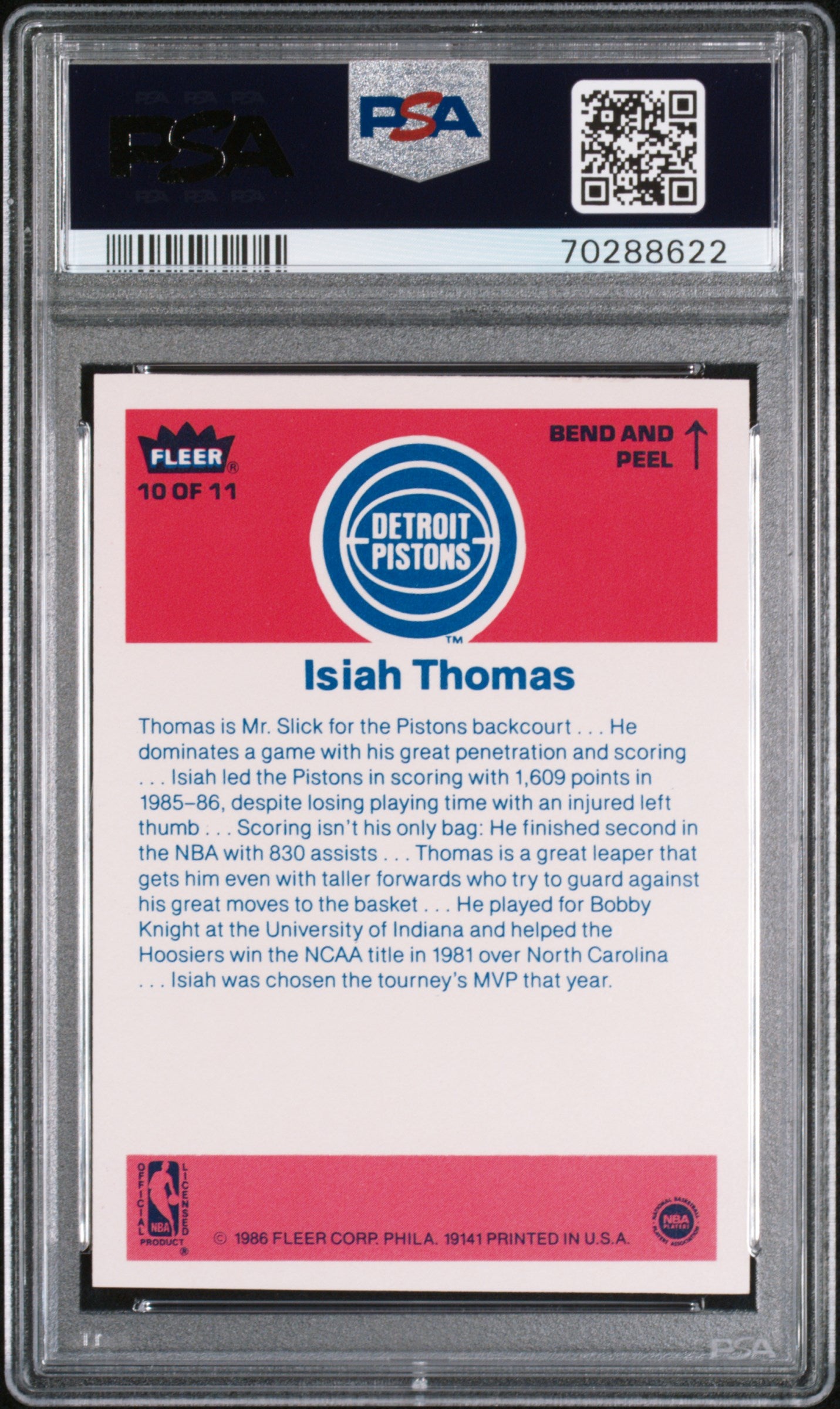 1986 Fleer Sticker Isiah Thomas #10 PSA 9