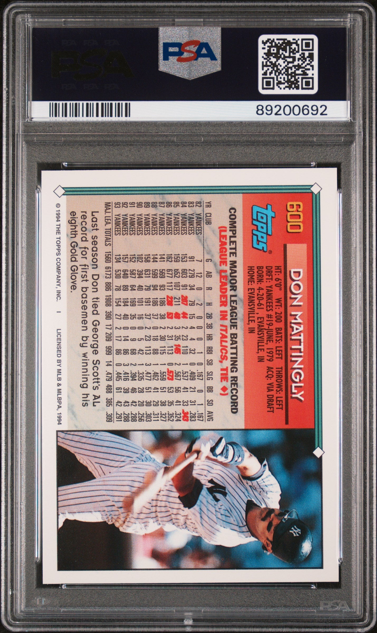 1994 Topps Don Mattingly #600 PSA 10