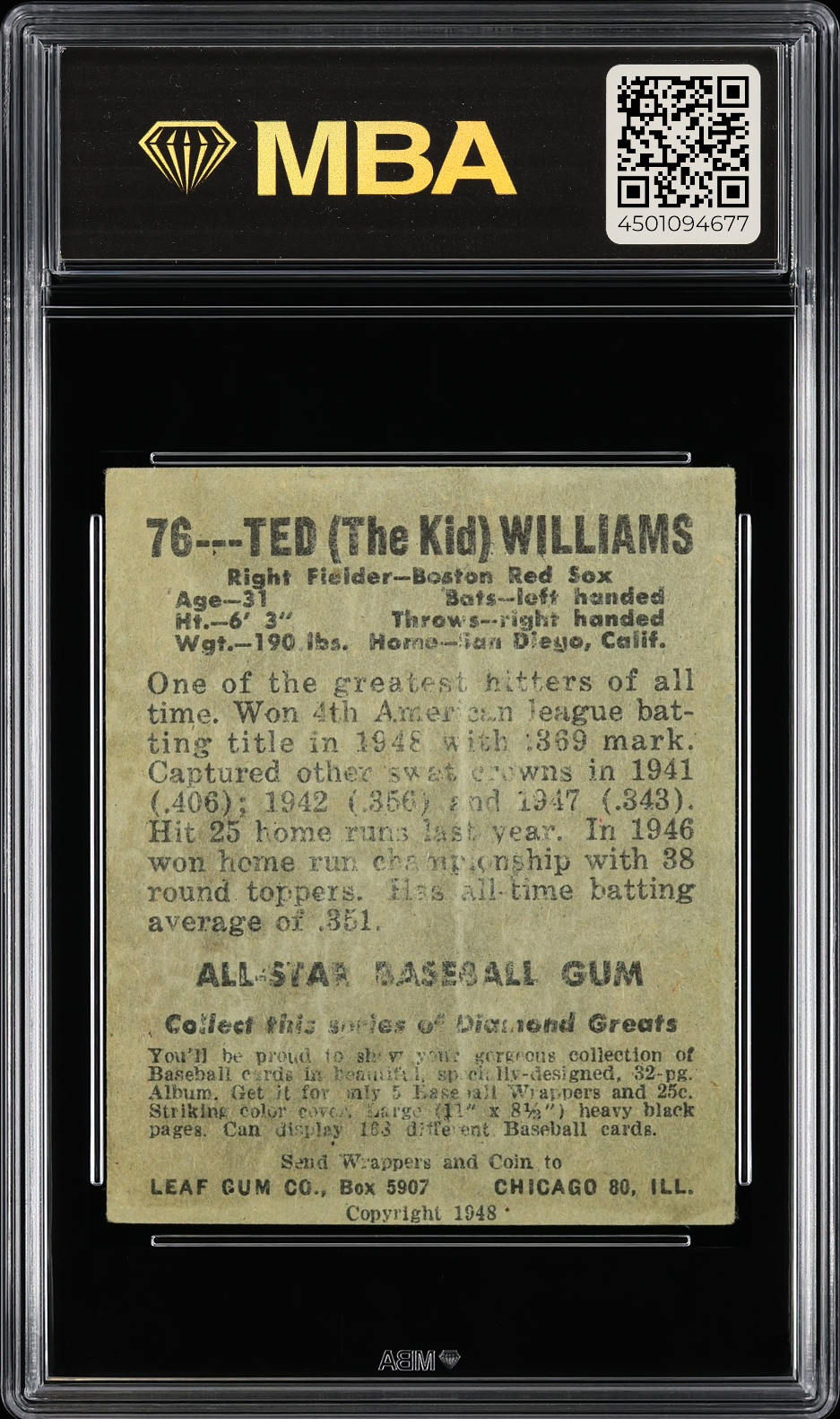 1948 Leaf Ted Williams #76 MBA Authentic Altered