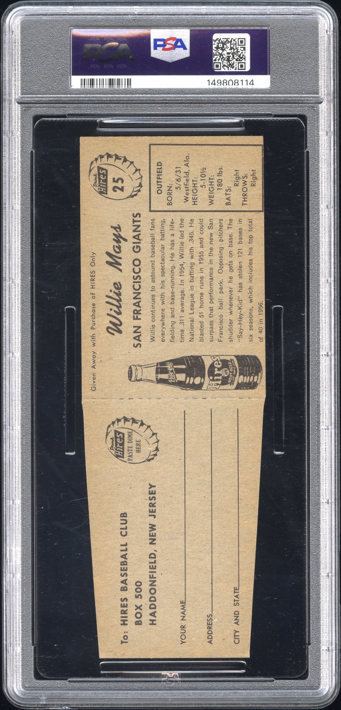 1958 Hires Root Beer Willie Mays #25 With Tab PSA 7