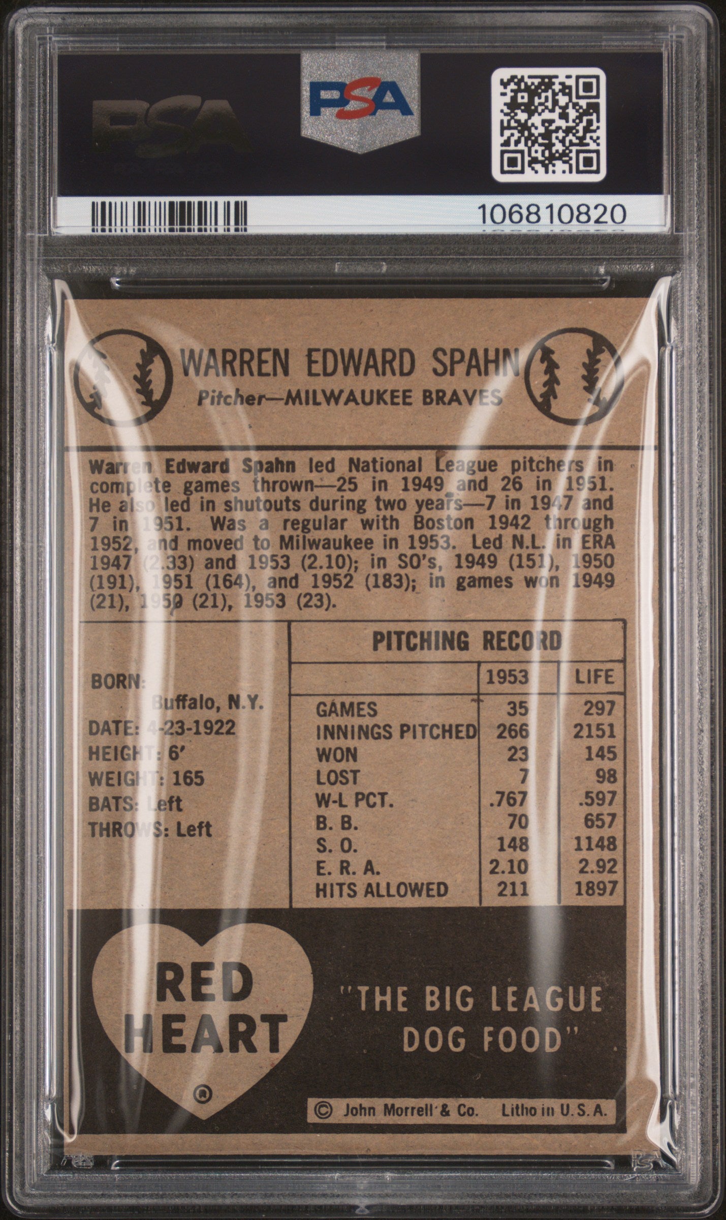 1954 Red Heart Warren Spahn PSA 8