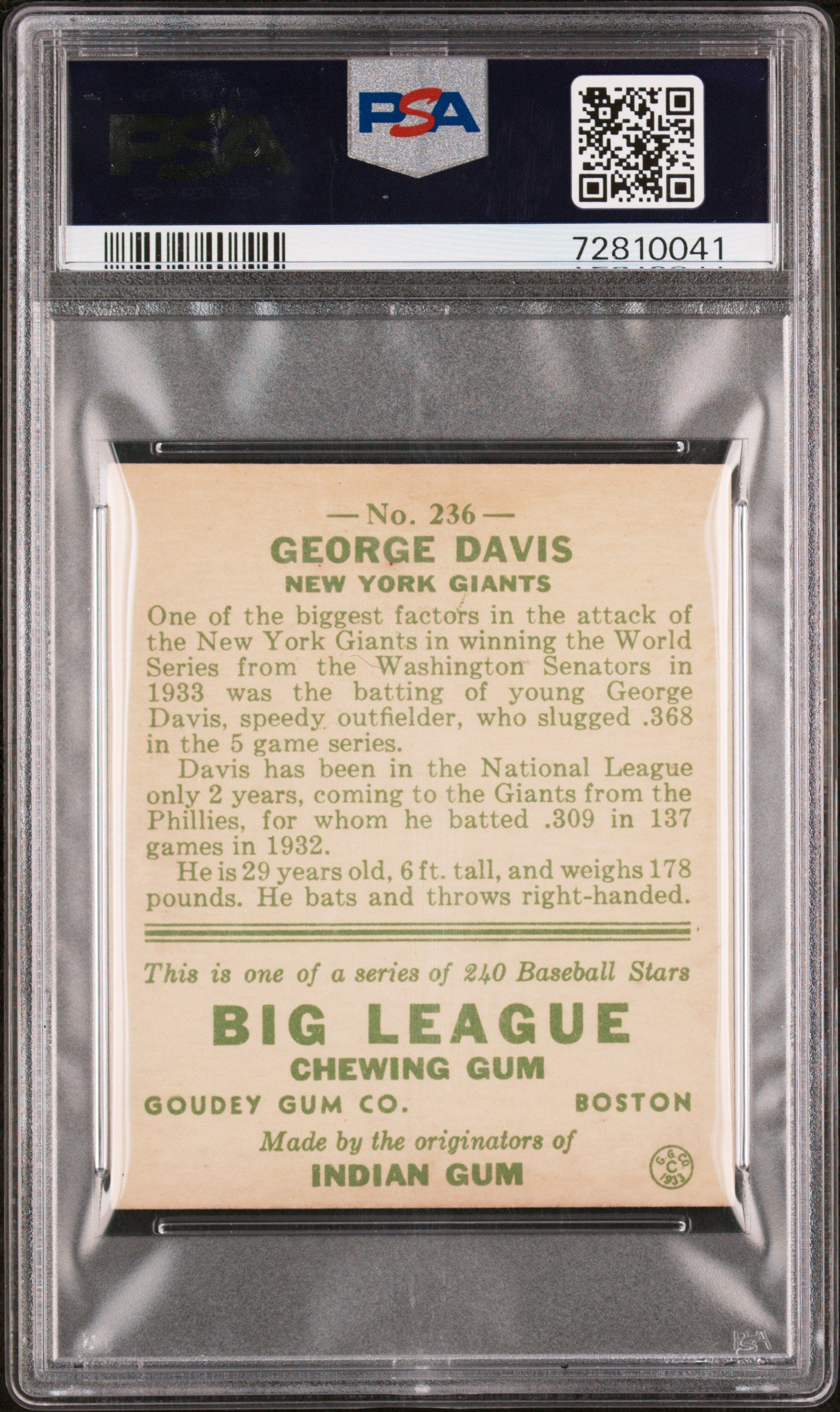 1933 Goudey George Davis #236 PSA 8