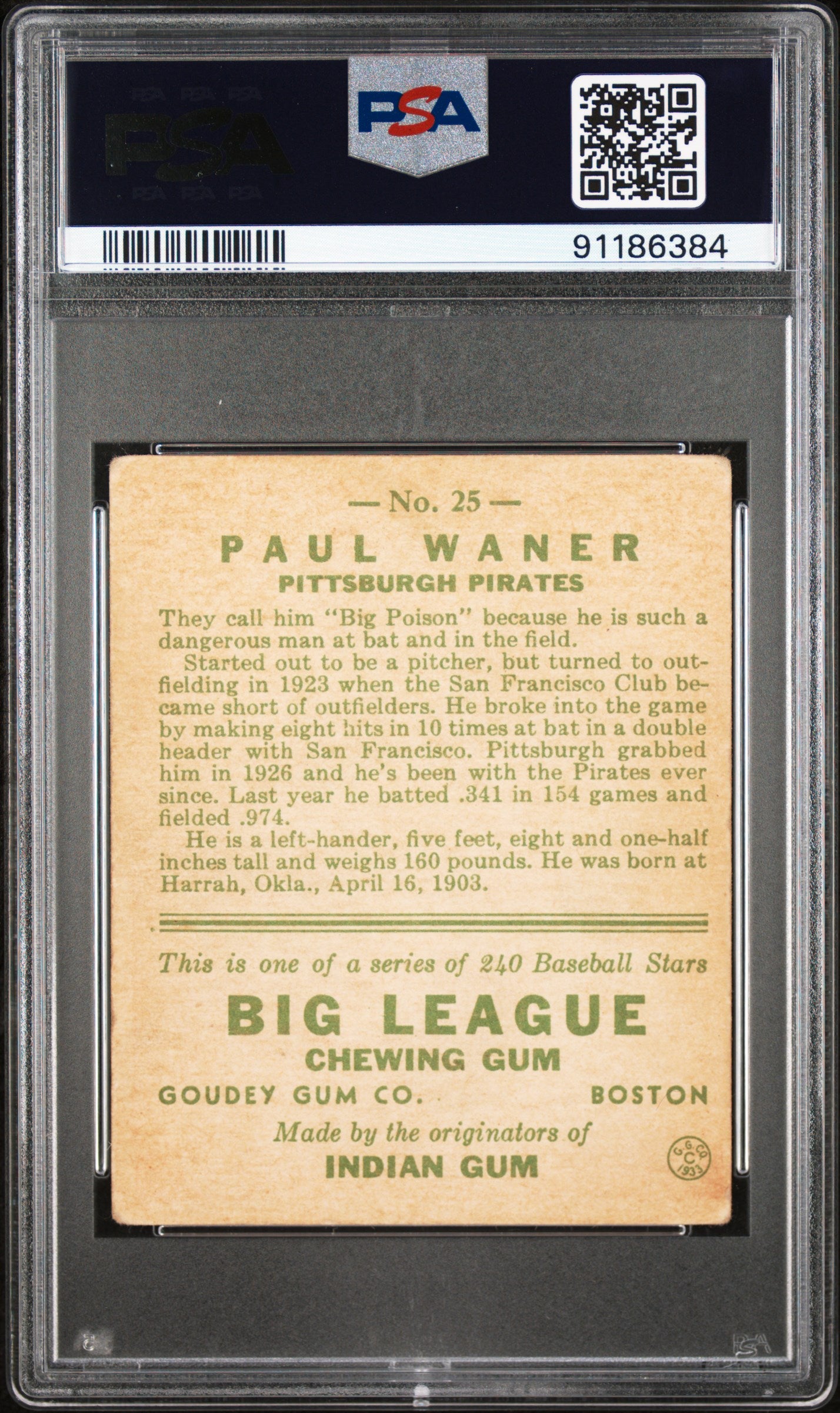 1933 Goudey Paul Waner #25 PSA 2