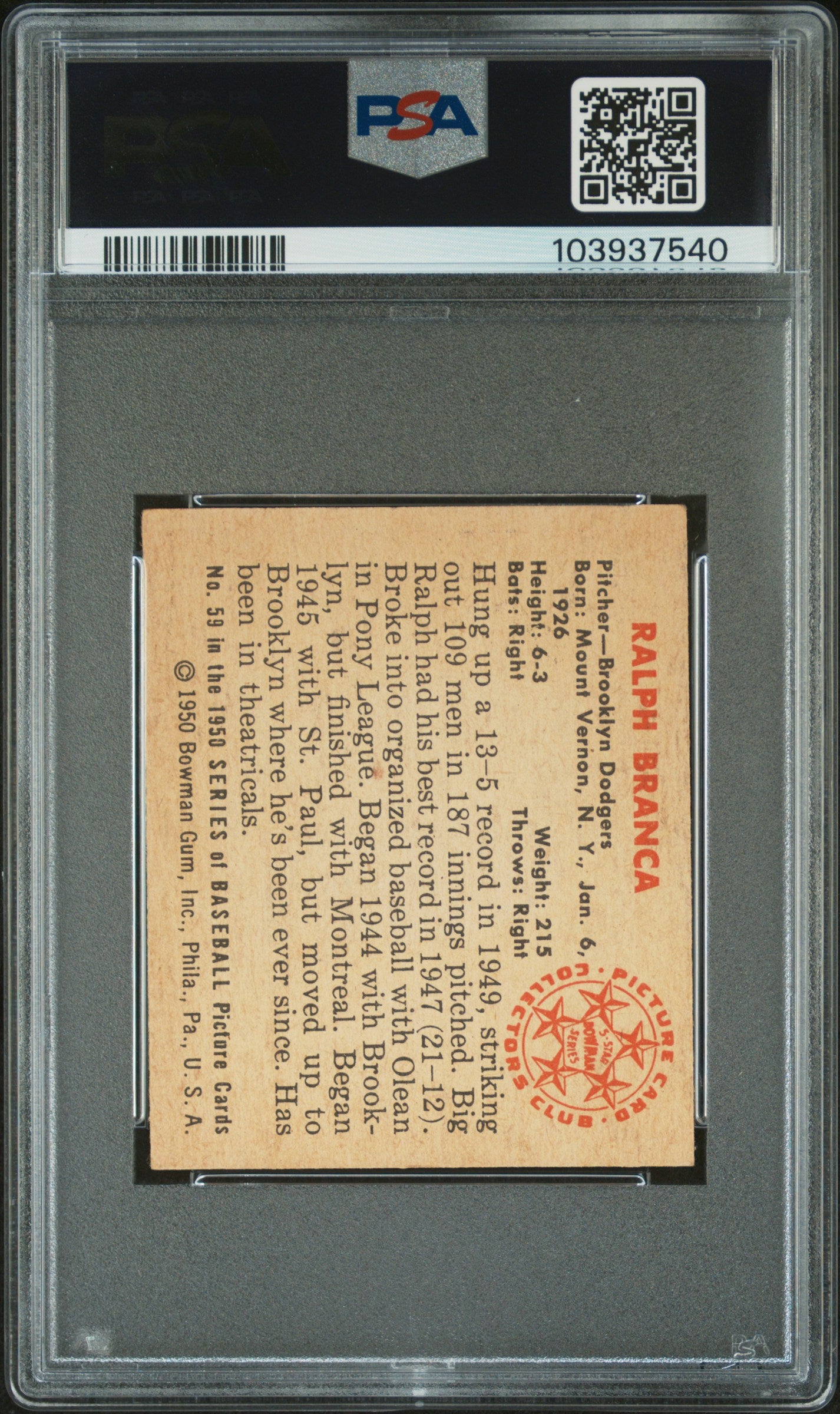 1950 Bowman Ralph Branca #59 PSA 5