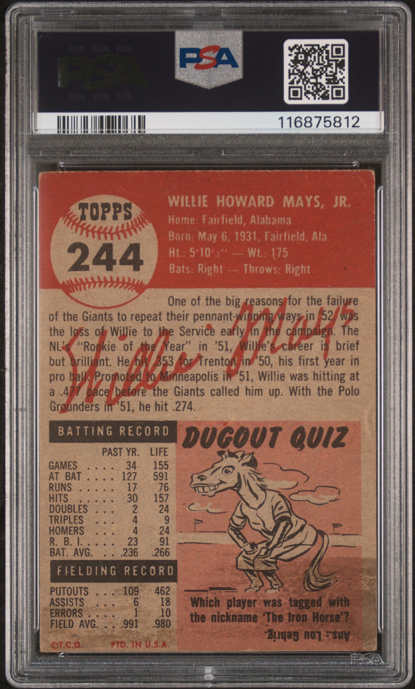 1953 Topps Willie Mays #244 PSA 2