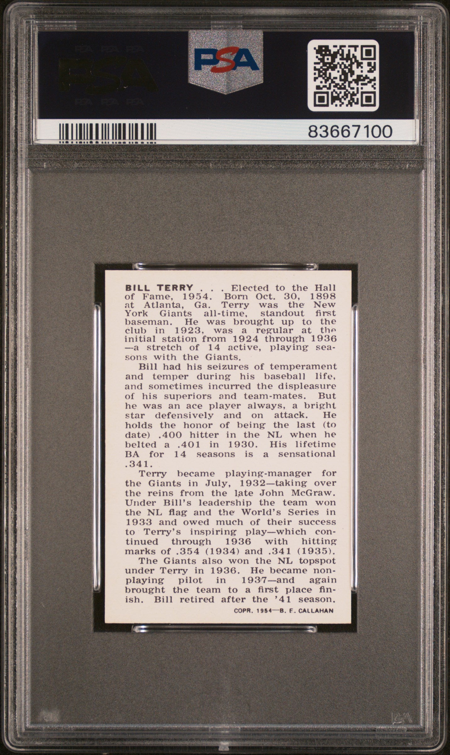 1950-56 Callahan Hall Of Fame Bill Terry PSA 8